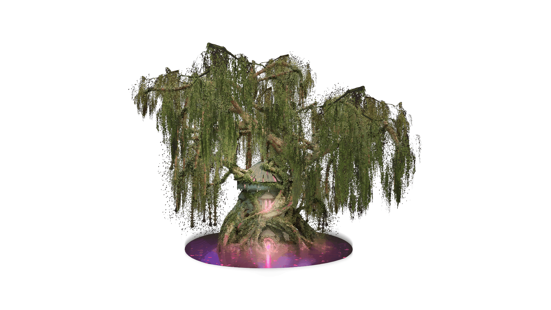 A giant tree with lots of leafy branches hanging all around it. The leaves are in long slender strings and hang low down the trees trunk. There is a purple mist at the base of the tree fully surrounding it