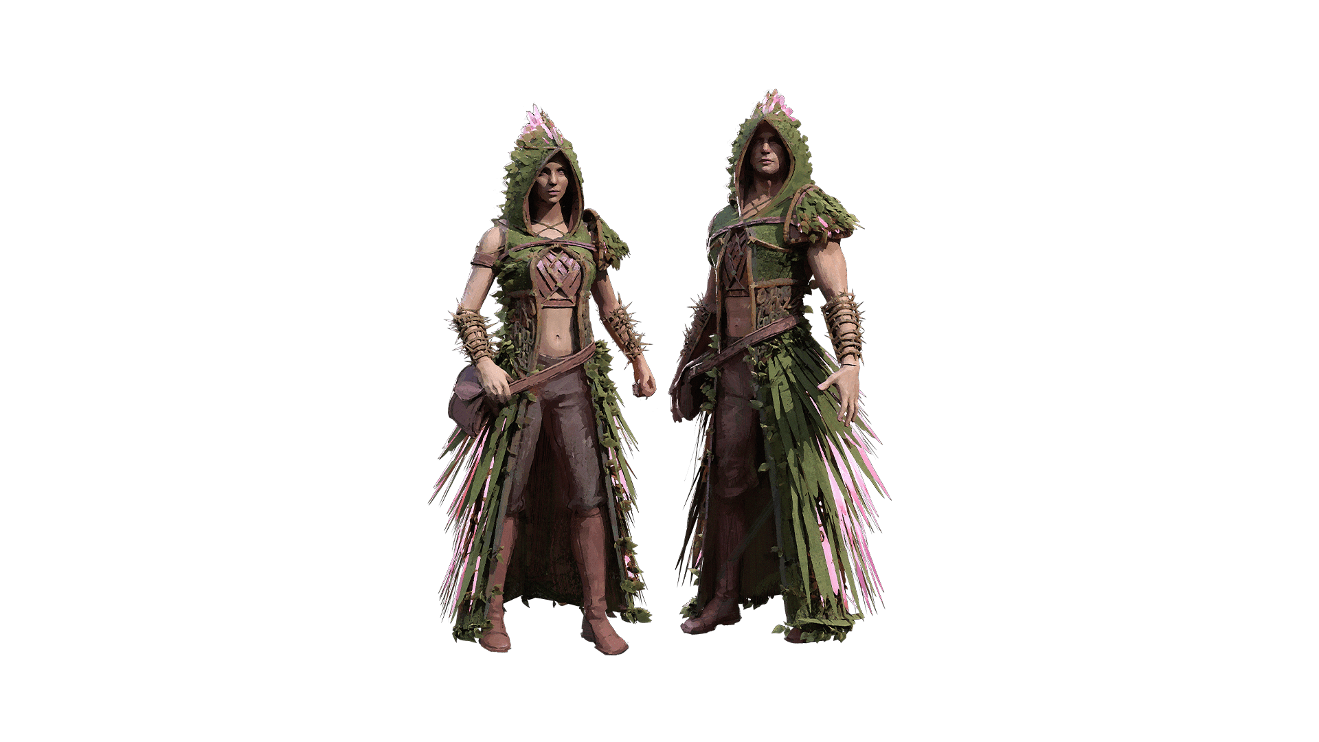 A male and woman character stand next to each other dresses with the Feyguard's Vengeance cosmetic skin. This skin is of a nature make using colors such as earthy purples, greens, and browns. Each costume comes with a hood and are made of cloth
