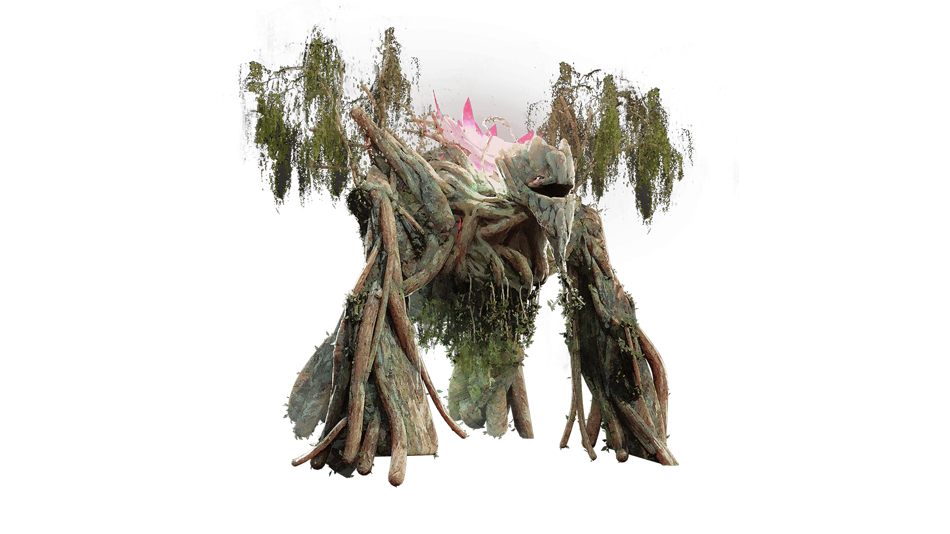 Standalone image of the Guarden cosmtic skin. This creature is massive and stands on three legs. The creature looks as if made from trees and is hunched in nature. The trees that grow from him have moss hanging from the branches
