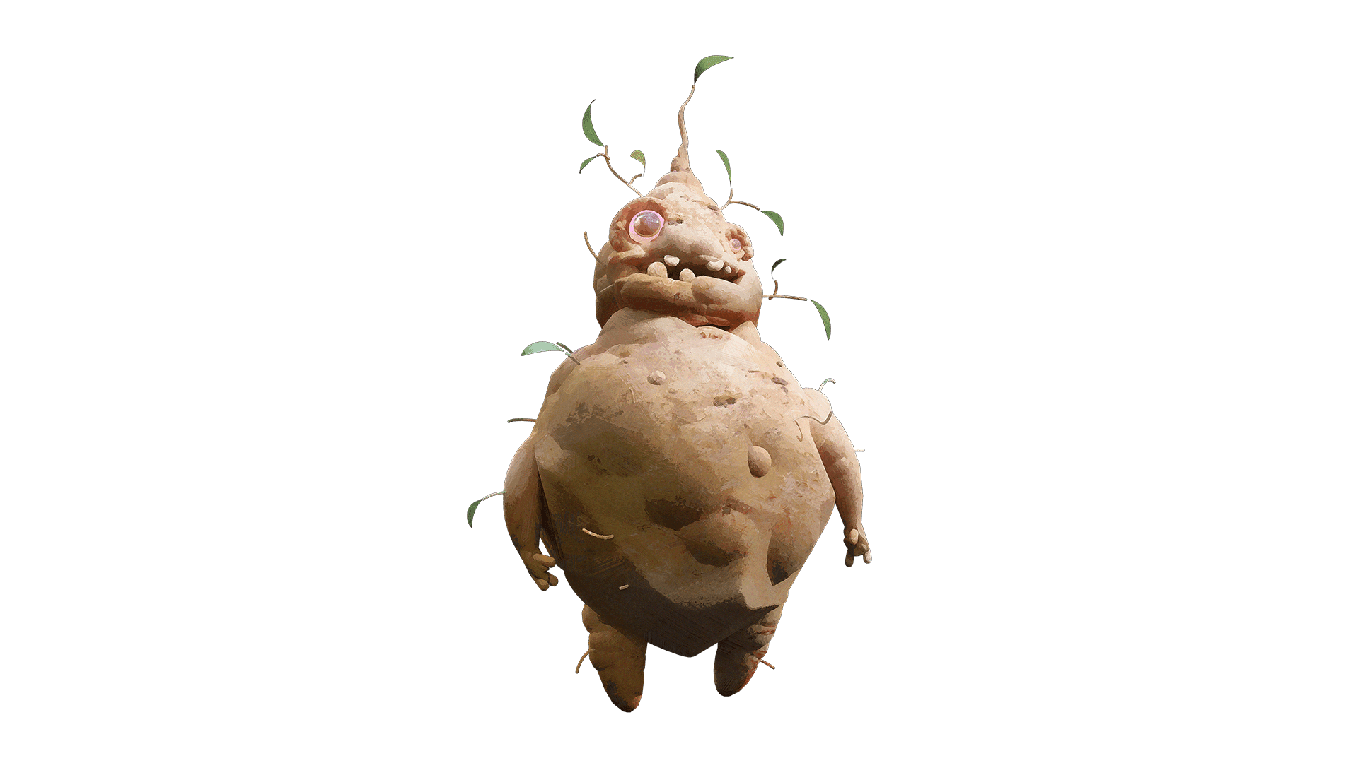 A standalone image of the Rootling cosmetic skin. This little guy looks like a root, most resembling a lumpy sweet potato with a pointed head, bulging eyes, and missing teeth