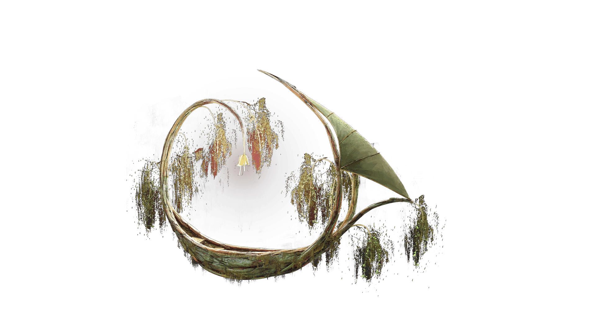 A standalone image of the Wispwatcher naval cosmetic skin. This skin is of a curved wood in the shape of a semi circle. There are branches with leaves hanging off the back of the boat and a sail made of a leaf on the front