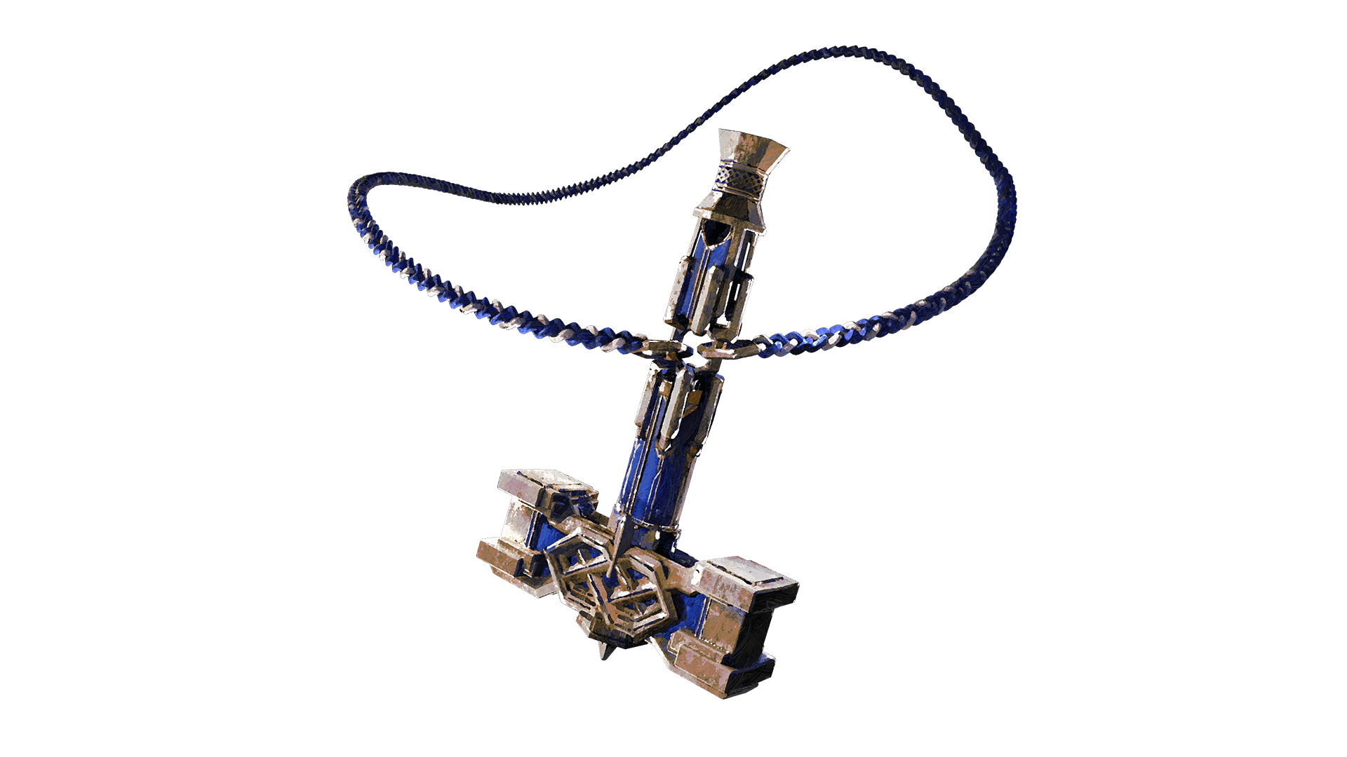 A blue and gold whistle in the shape of a hammer is secured to a blue and white chain.