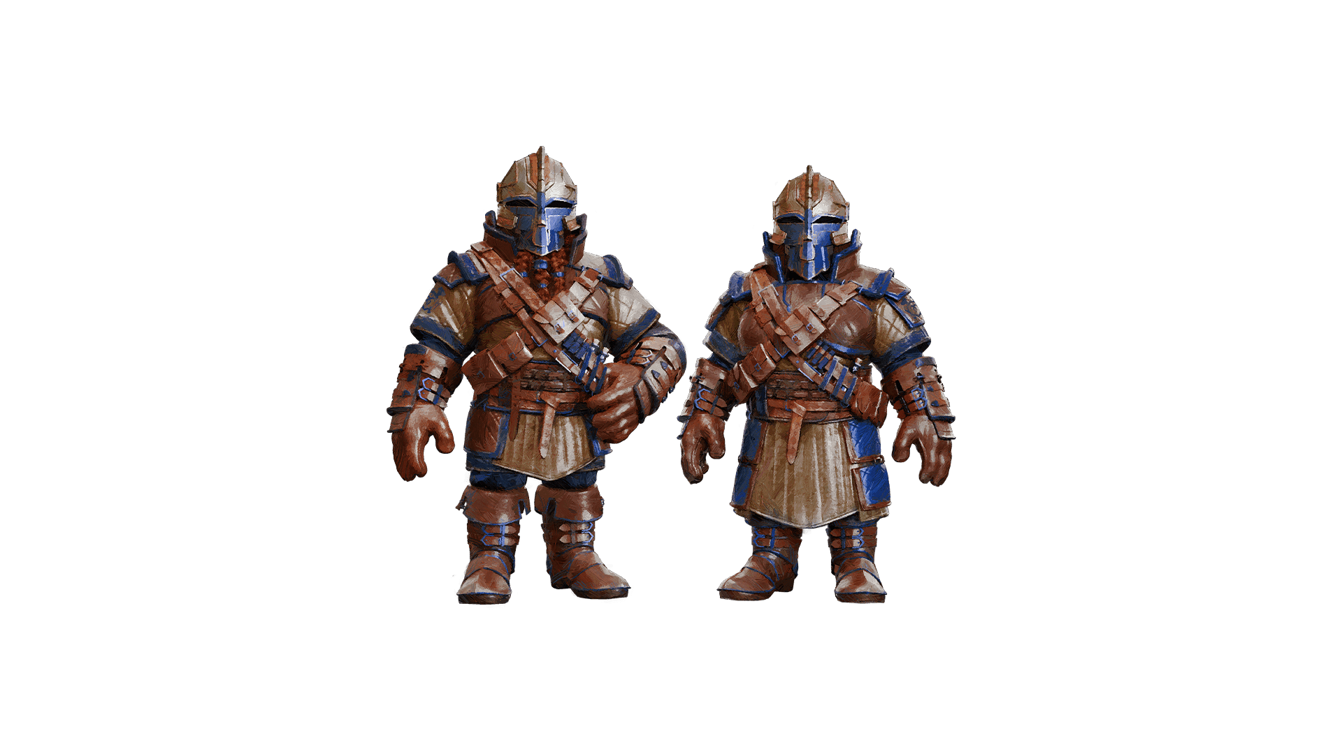 A male and female dwarf covered in head to toe copper and blue armor with leather gloves stand facing forwards. Nothing can be seen of the dwarves except for three orange braids with blue bands that hang below the males face covering.
