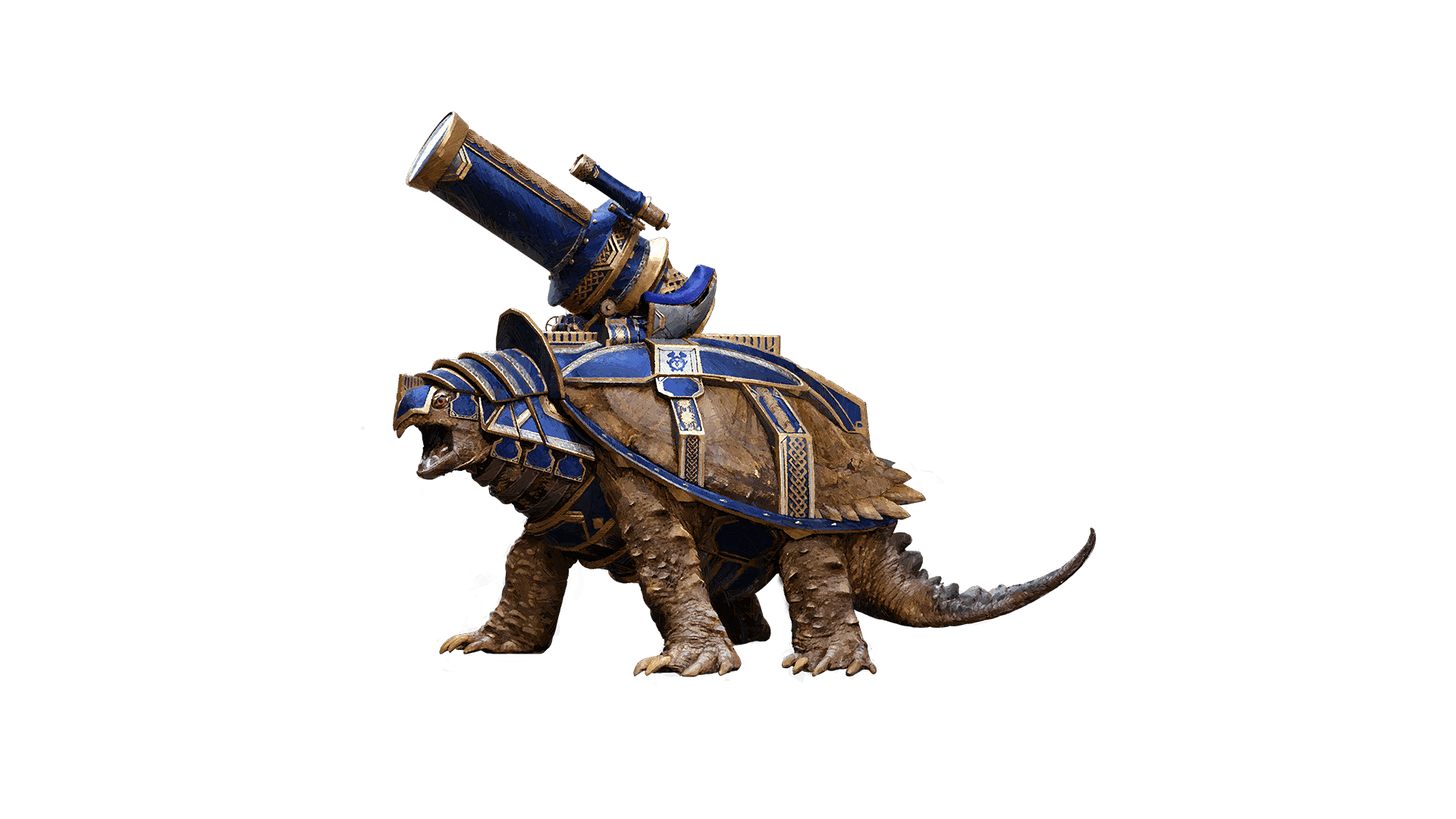 Image of a snapping turtle looking creature with blue and gold armor and telescope on its back