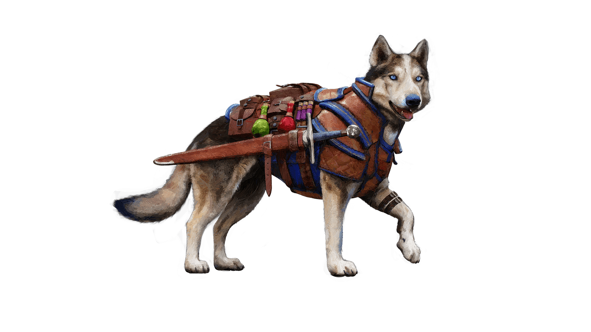 A flash-hound with piercing blue eyes. It stands with its tongue out and one paw up. The husky has a sweater of blue and brown leather and carries a pack on its back filled with potion bottles. A sword is securely fashioned to its side.