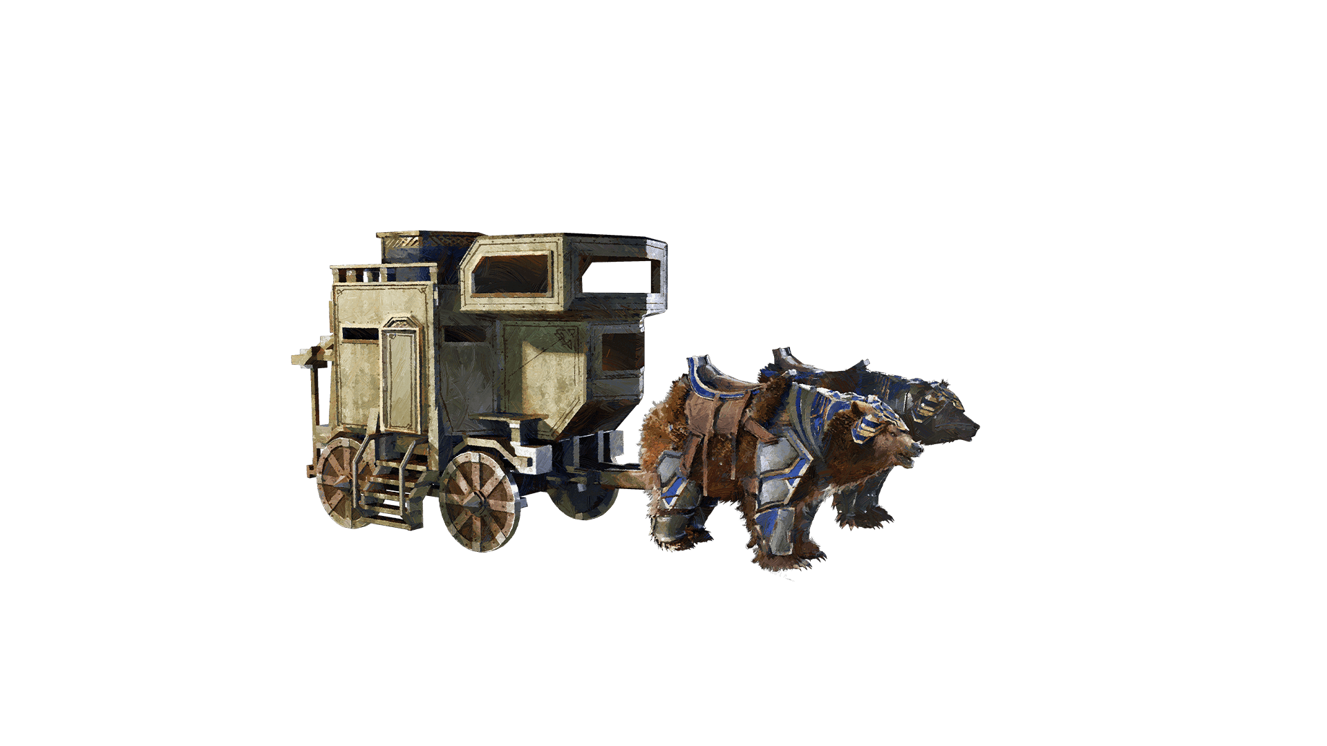 A fully armored metal carriage is pulled by two armored grizzly bears.