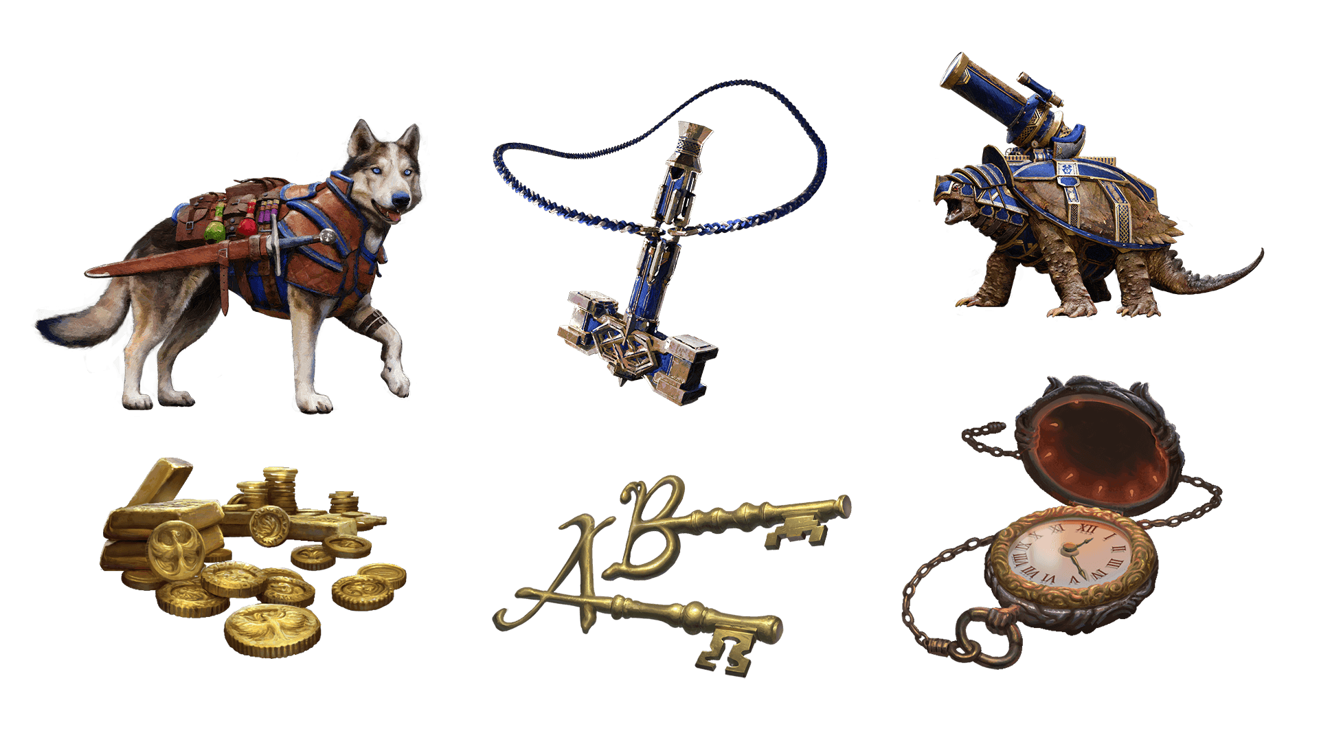 6 images of items included in the voyager pre-order package. A pocket watch for game time, a coin for embers, a key for game access, the accessory, the pet, and mount