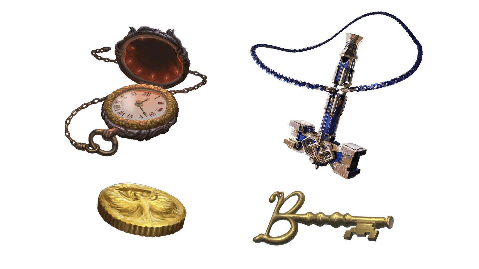 4 images of items included in the wayfarer pre-order package. A pocket watch for game time, a coin for embers, a key for game access, and the accessory