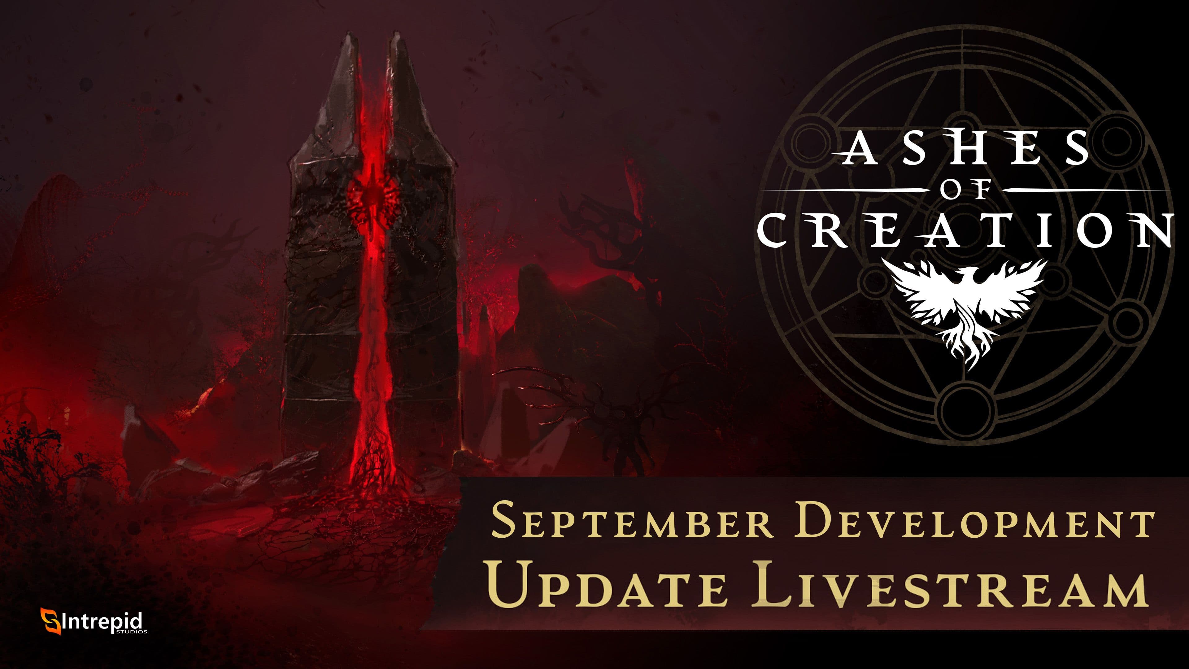 A harbringer monolith stands with a dark stormy red background.