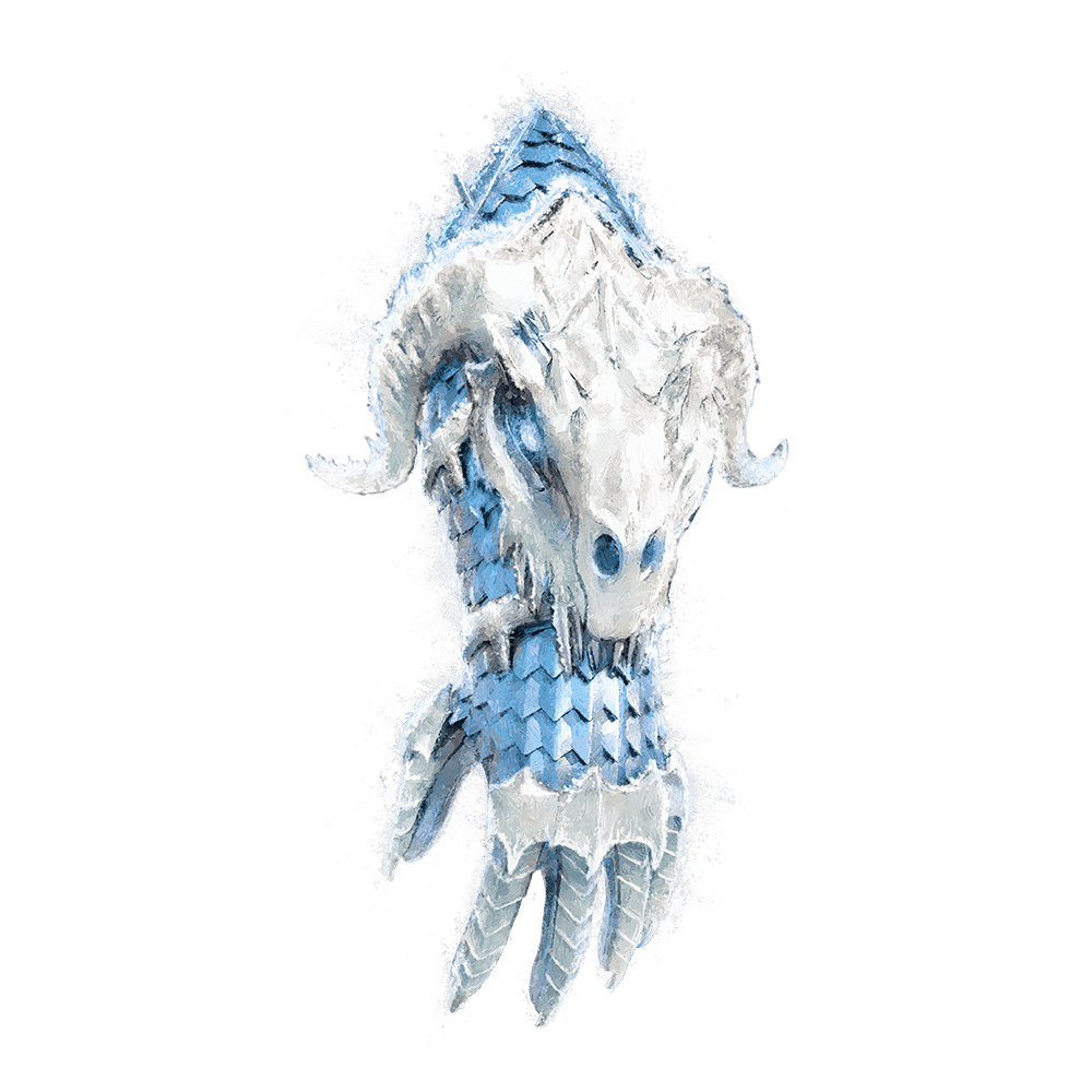 An arm glove made of ice blue scales with a dragon skull of ice sitting at the shoulder