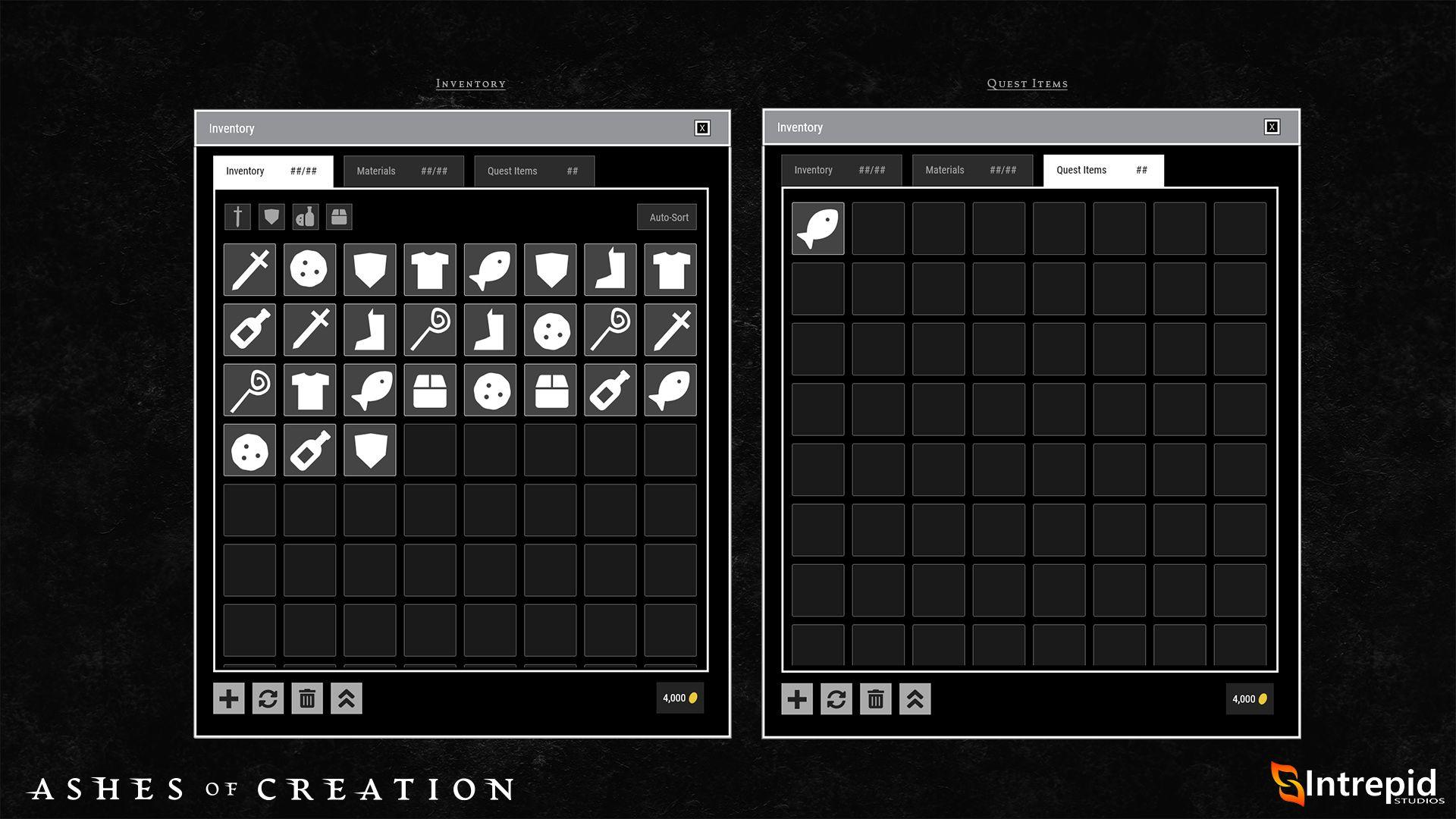 Black and white low fidelity of designs for the inventory panel in the game