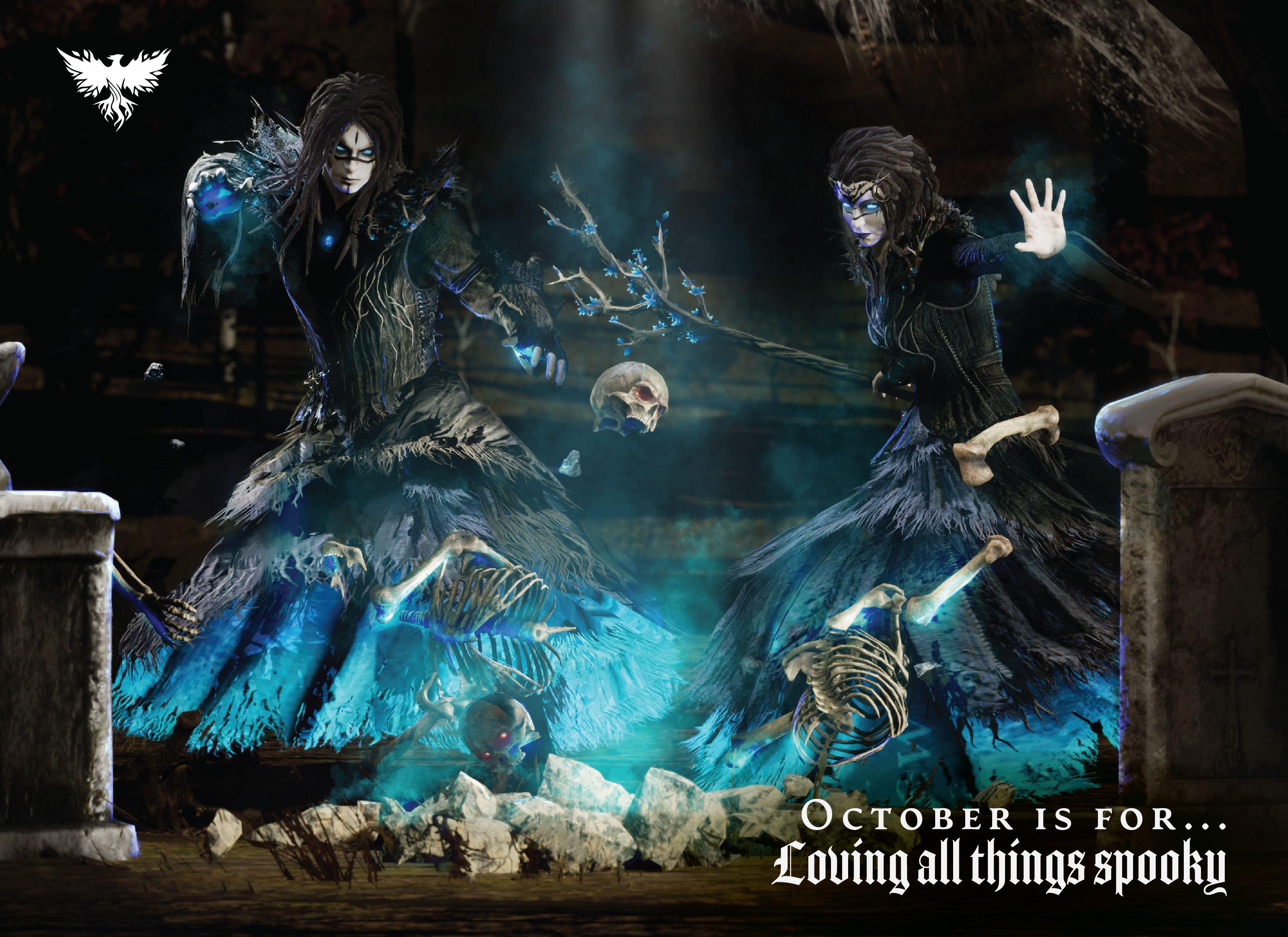 A scene of magic where two dark magic using characters summon a blue light that lifts skeletal remains into the air.