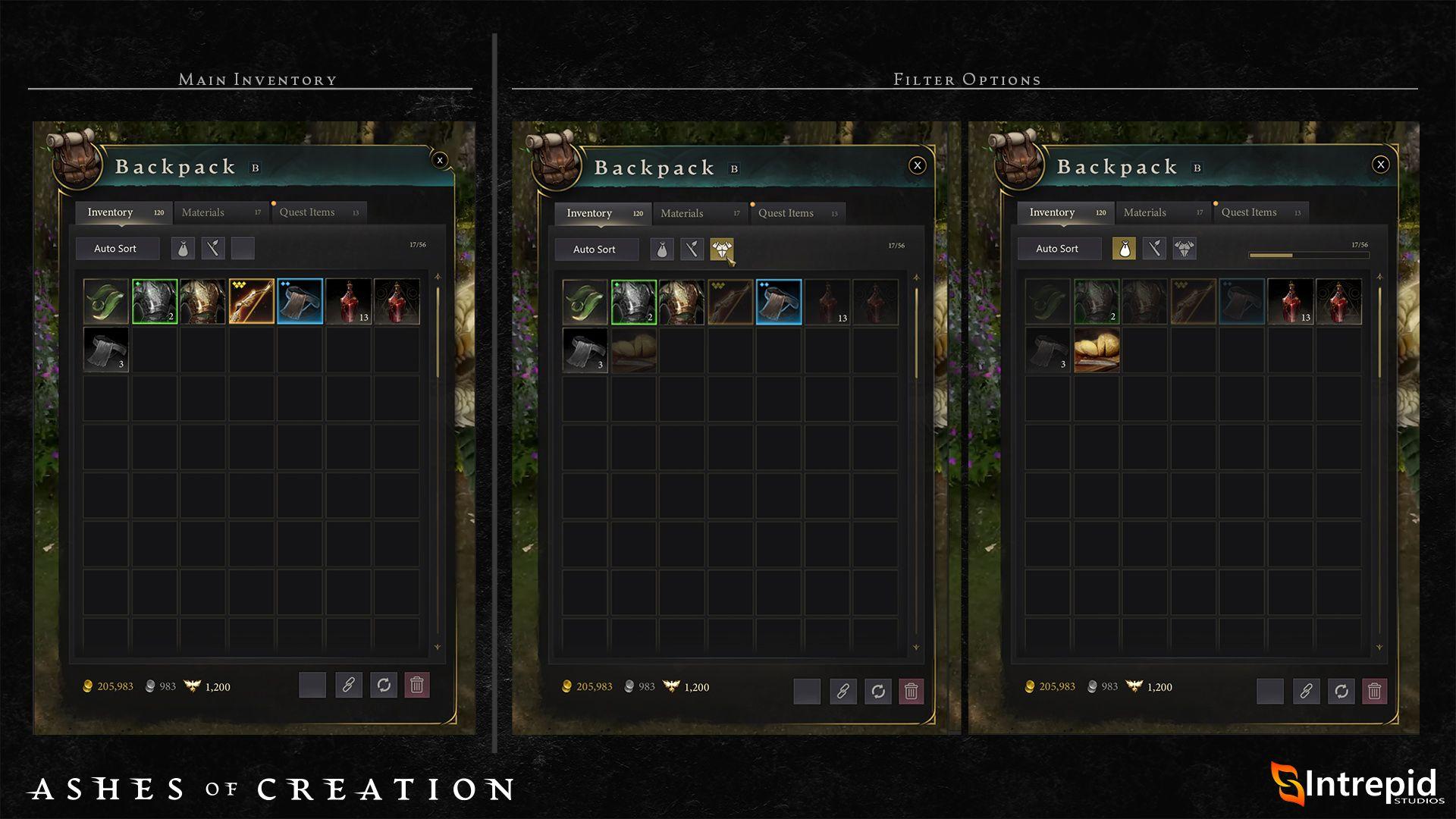 High fidelity images of the backpack panel in the game with icons displaying different items in the backpack