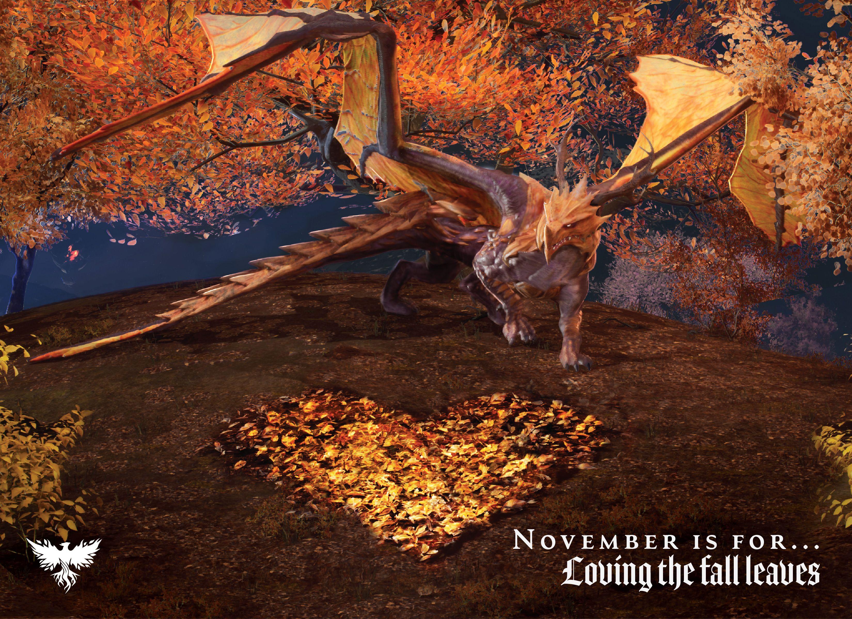 An Autumn dragon circles around a pile of yellow and orange fallen leaves shaped in a heart