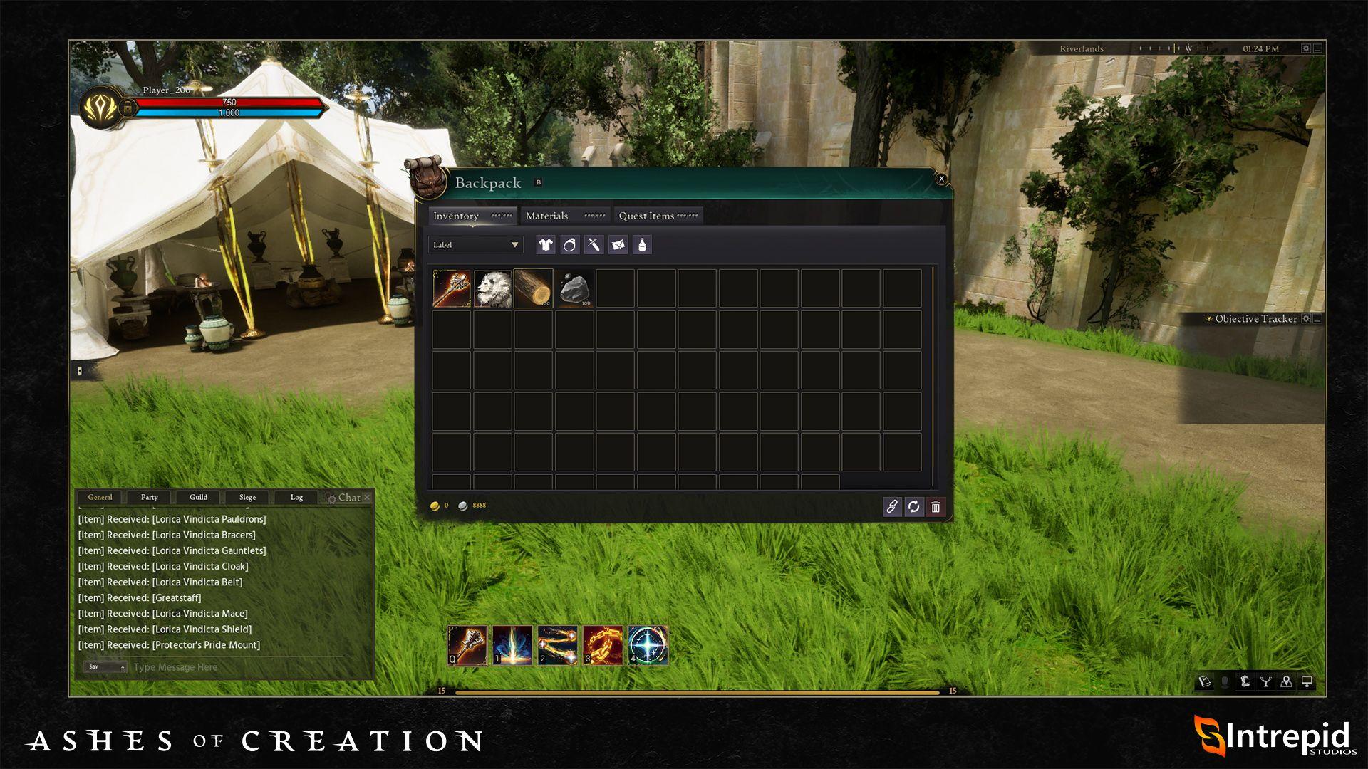 Backpack panel in game on top of a image of a grassy camp