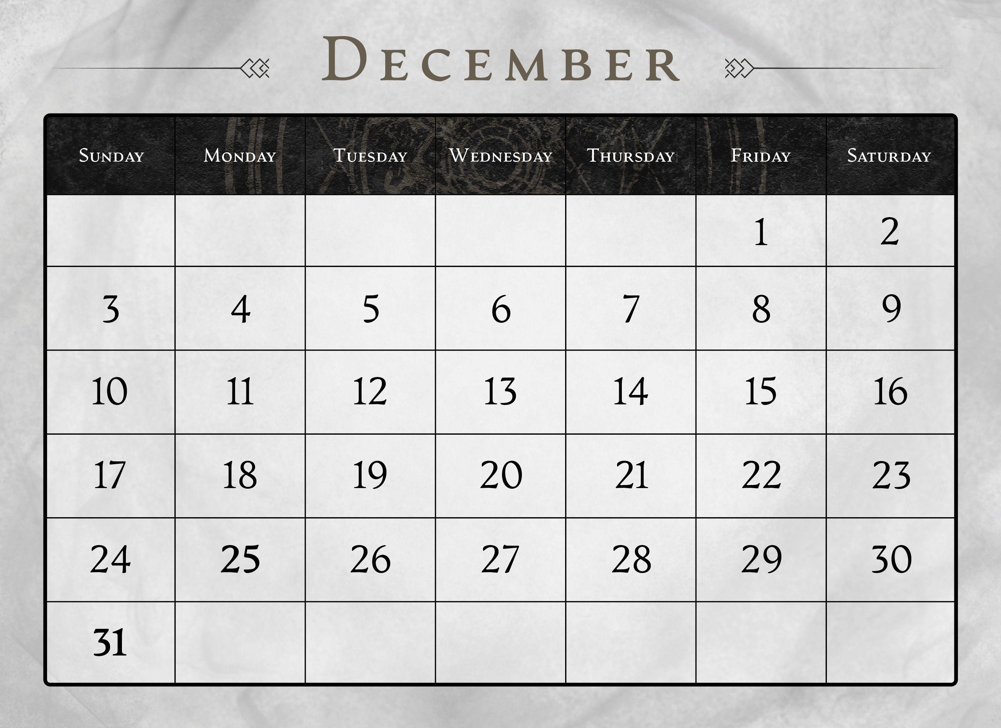 Calendar page for the month of December 