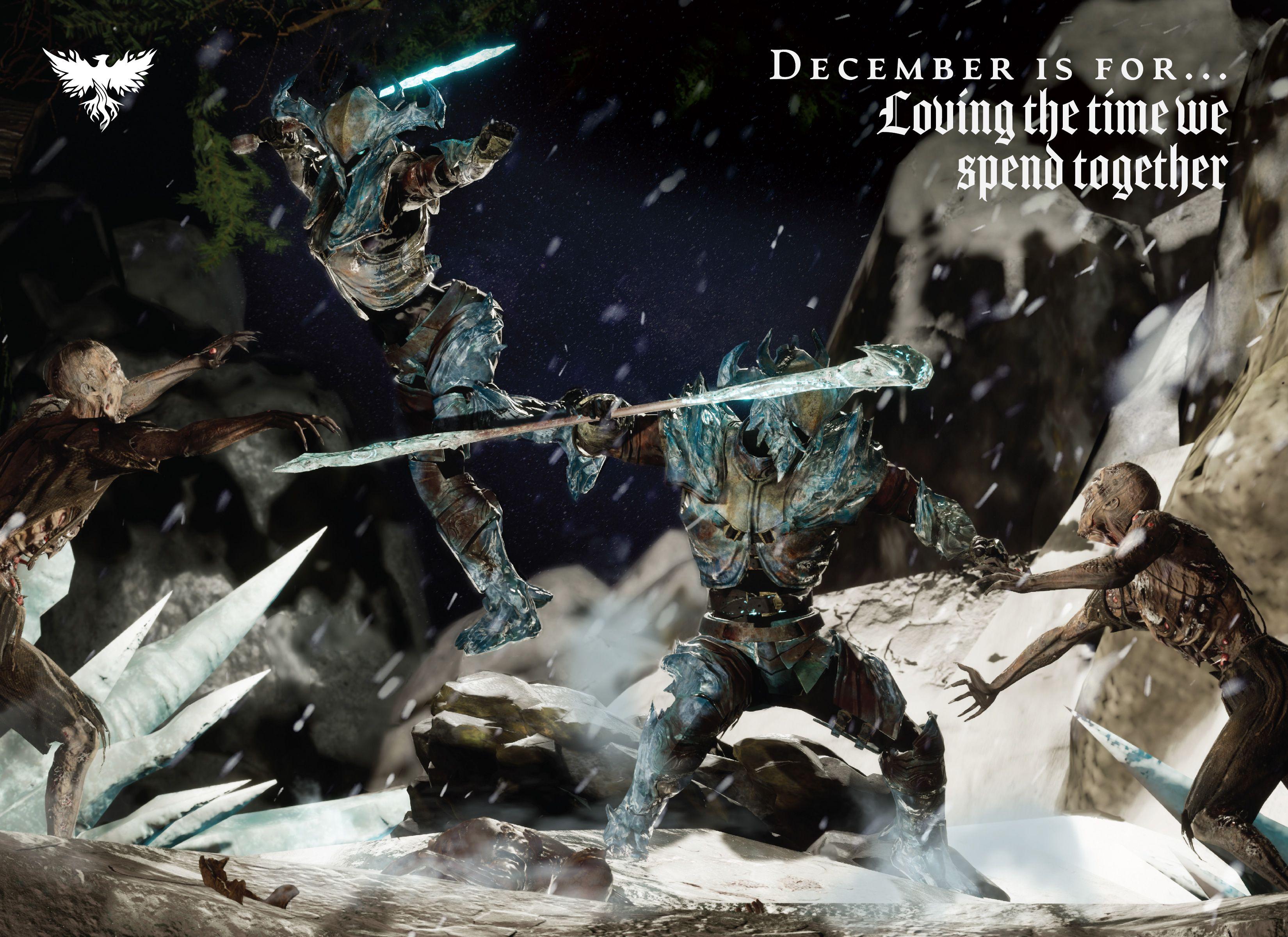 Two character covered in head to toe armor are caught in battle fighting two zombies in a snowstorm