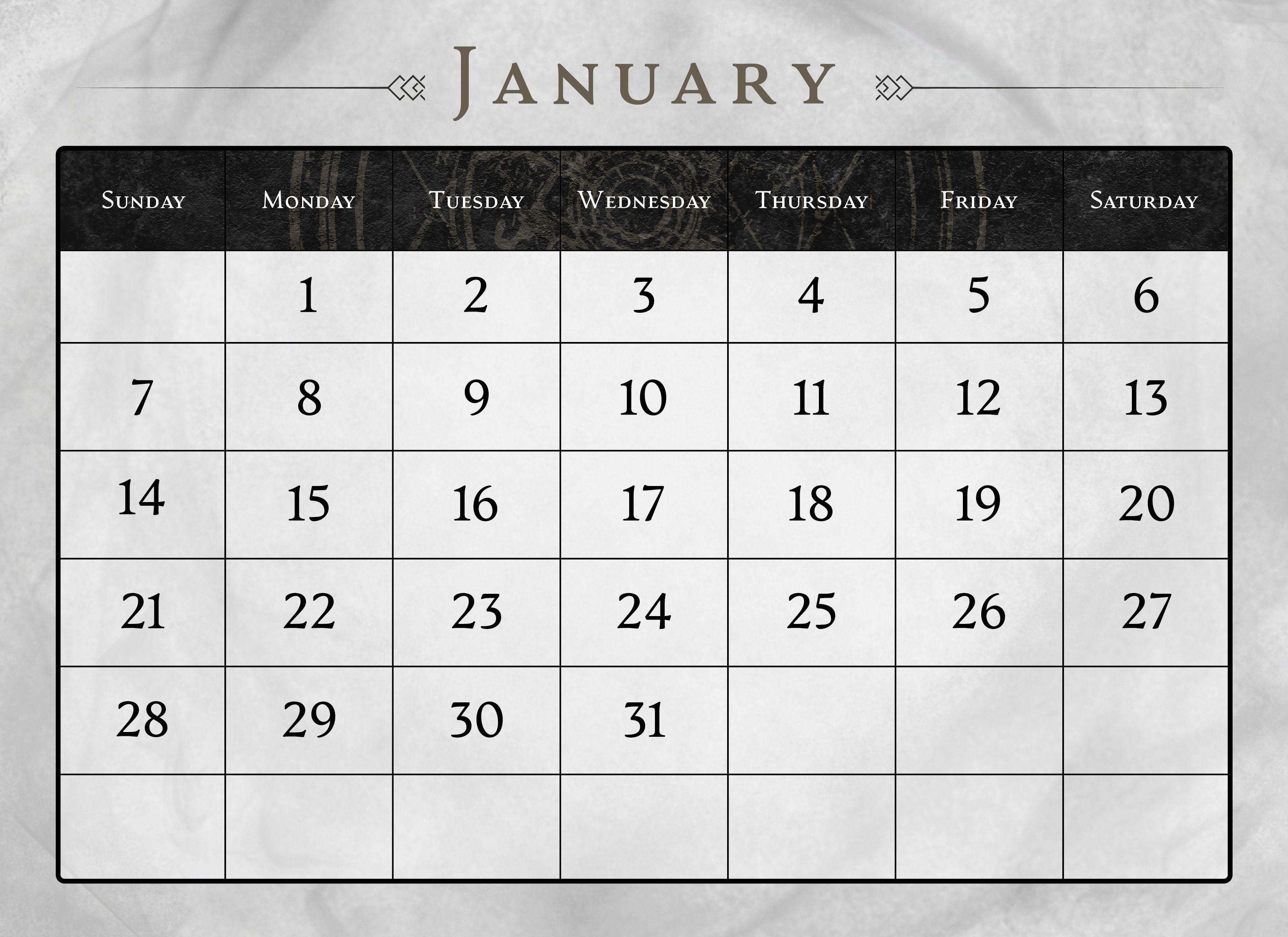 Calendar page for the month of January