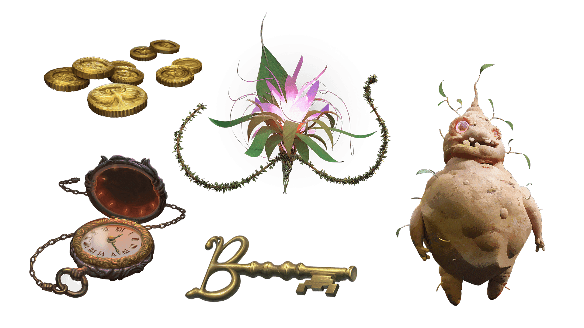 Images of the items included with the Expeditionary package. These items include a pocket watch for game time, a key for game access, a coin for embers, a Feykin's affection, and a Rootling