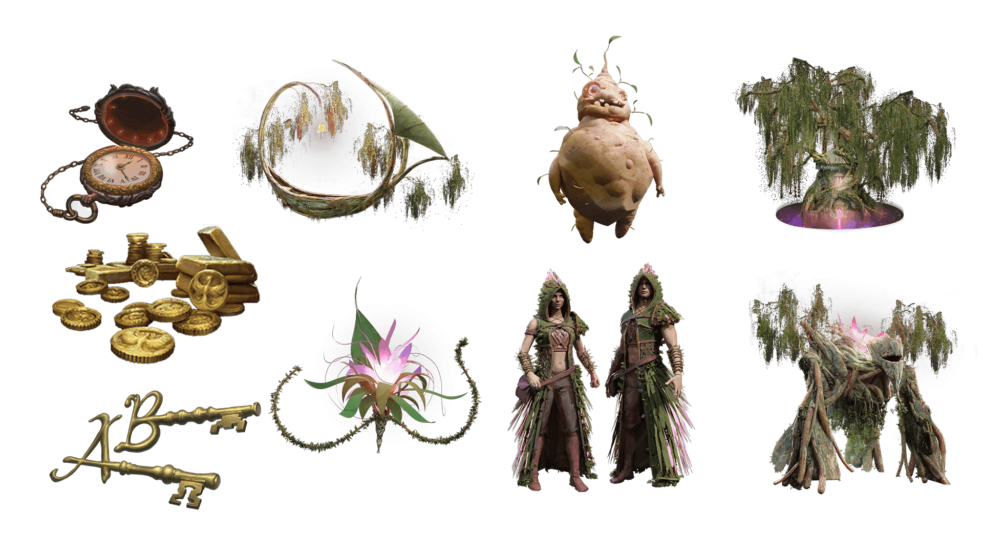 Voyager Plus package. These items include a pocket watch for game time, a key for game access, a coin for embers, a Feykin's affection, a Rootling, a Guarden, a Feyguard's Vengeance, Wiswatcher, and a Reclaimed Retreat