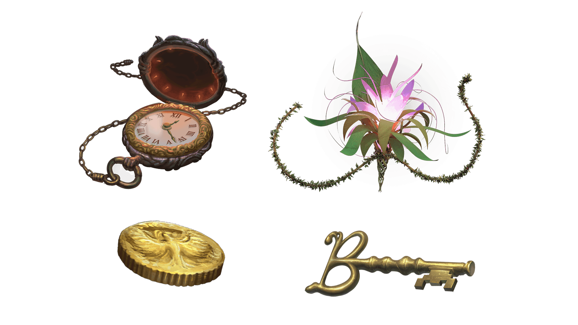 Images of the items included with the Wayfarer package. These items include a pocket watch for game time, a key for game access, a coin for embers, and a Feykin's affection