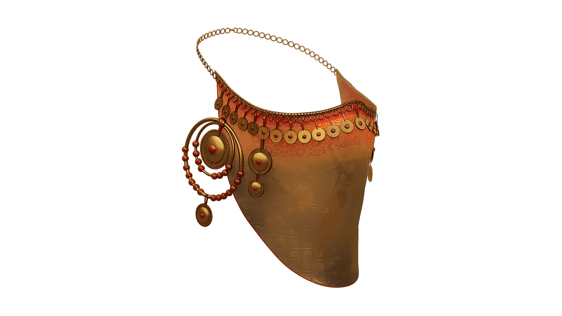 A standalone image of the Veil of Graceful Elegance. The accessory cosmetic skin looks like a metal bandana with metal and red hues of rings dangling from the top of the veil