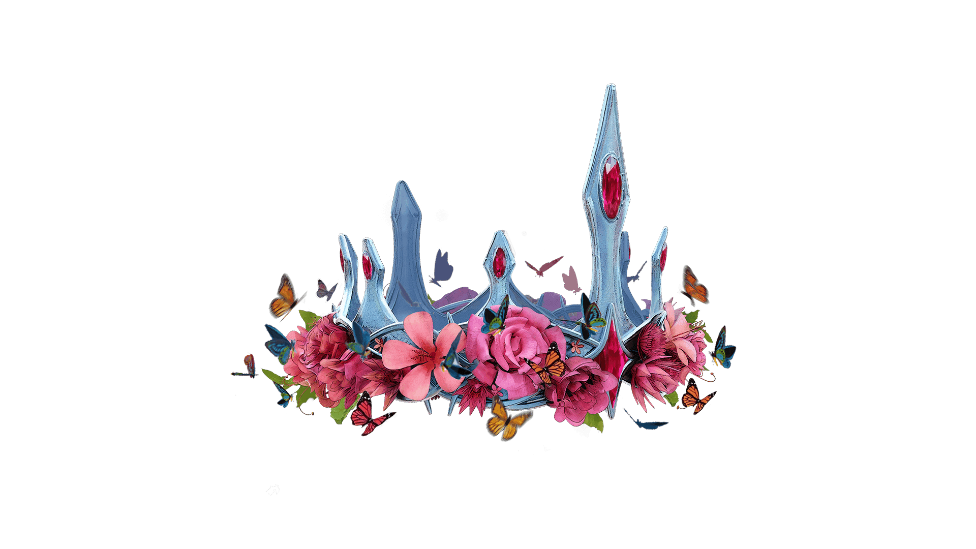 A delicate flower crown adorned with vibrant blue and pink blossoms, perfect for a whimsical touch to any outfit.