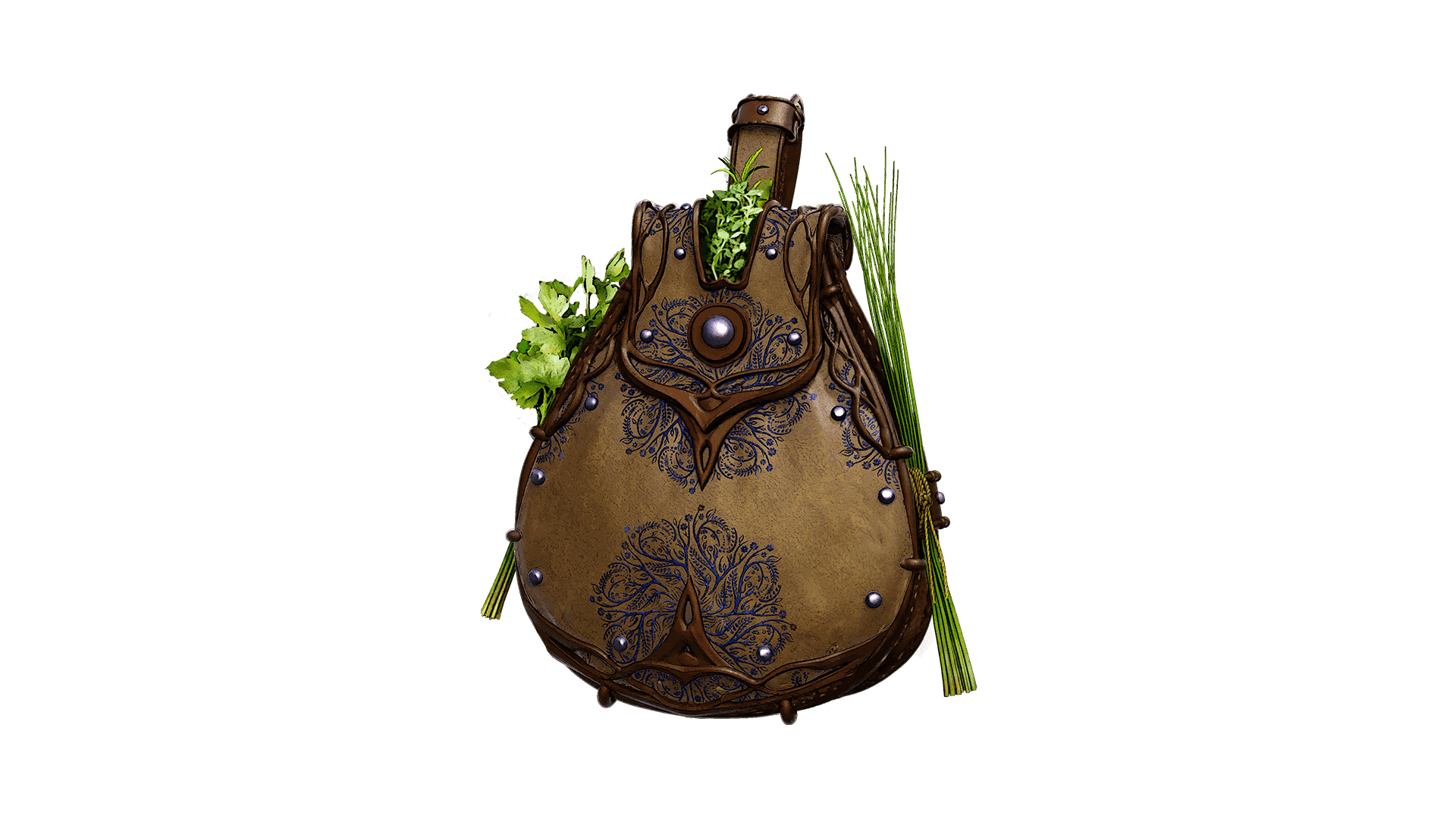 A brown herb pouch made of leather with one flap at the top. The pouch is decorated with metal studs and blue embroidery of branches. Parsley and chives are attached to the sides of the pouch 