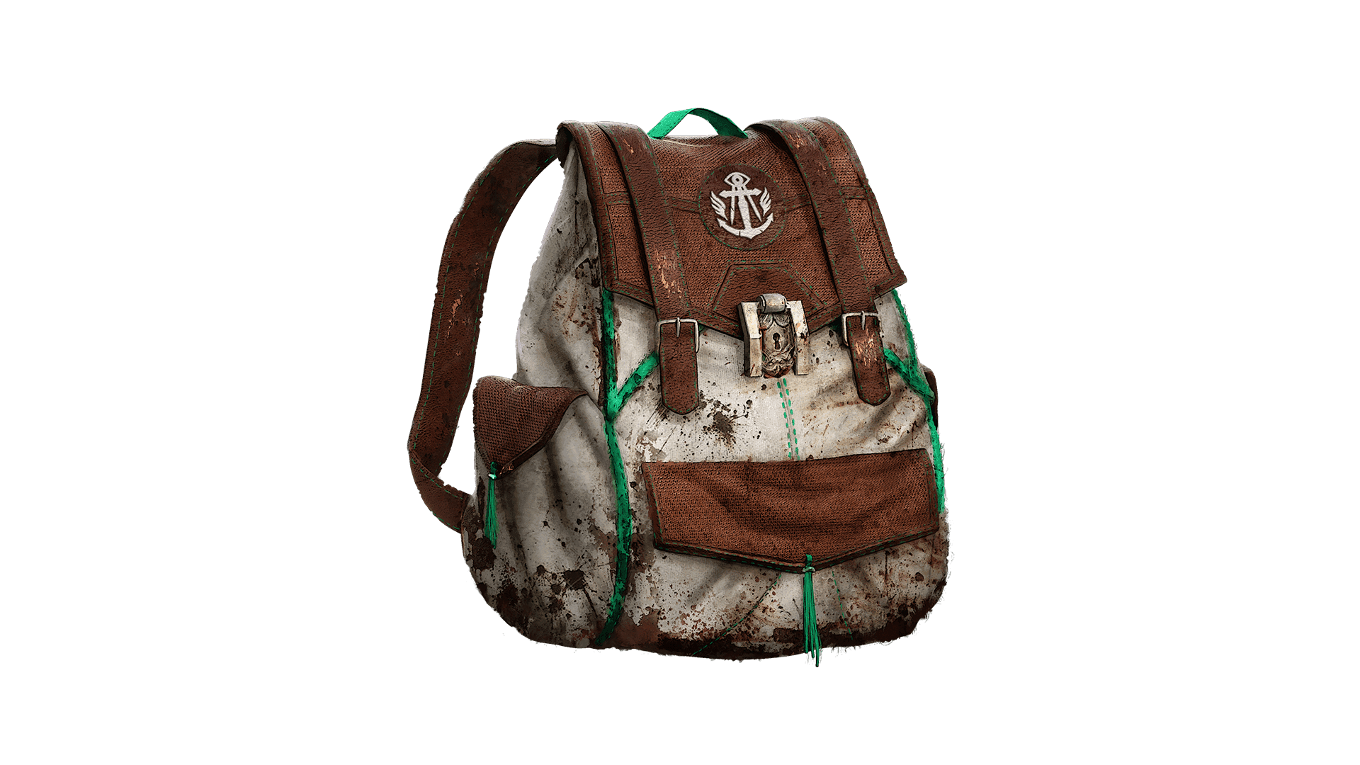A worn cream and brown backpack made of canvas material with leather straps and green trim, splattered with mud