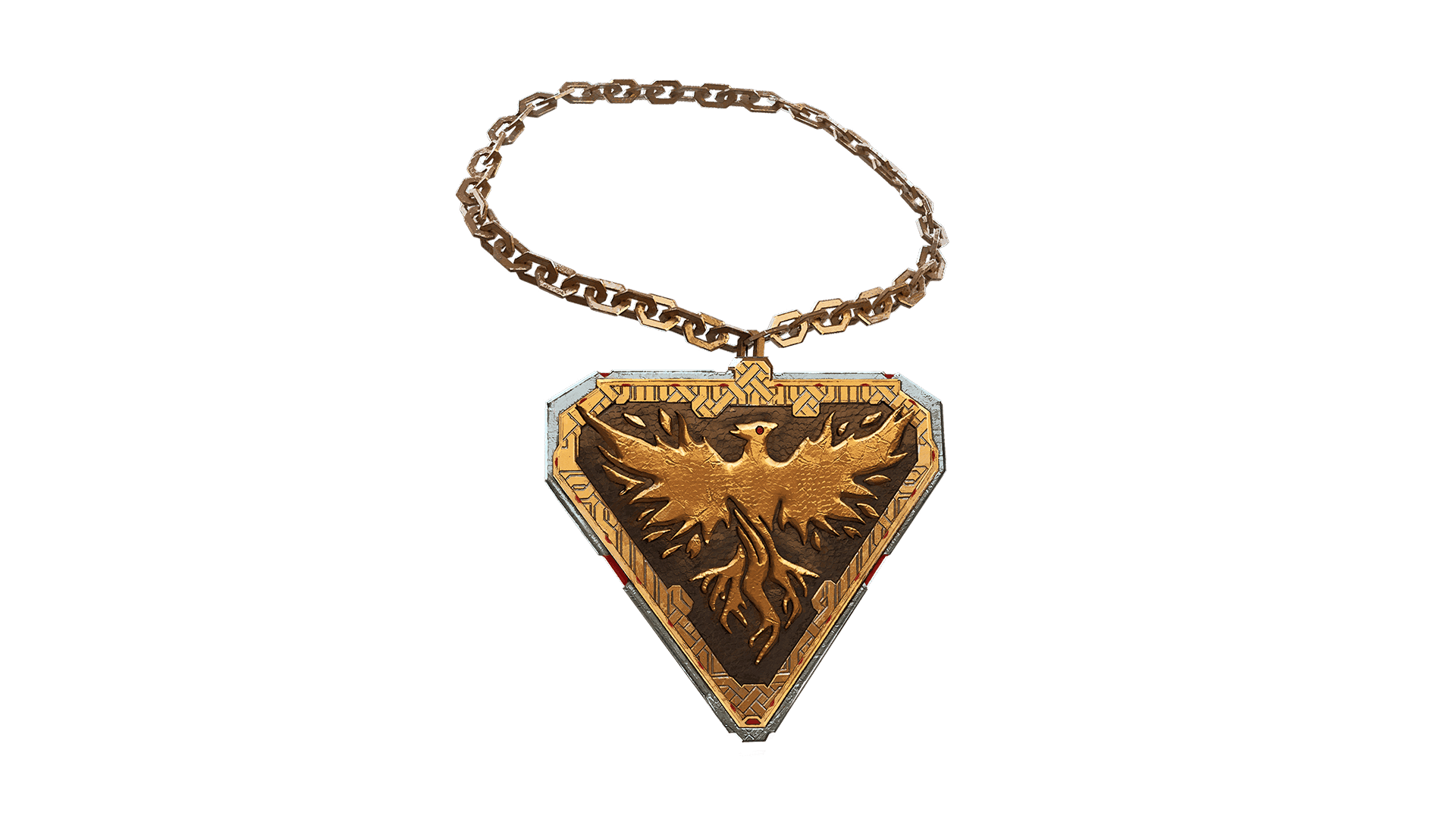 A standalone image of the Lavaliere of Devotion accessory cosmetic skin. This necklace consists of a triangular gold pendant with the ashes of creation phoenix with a ruby eye and a gold chain