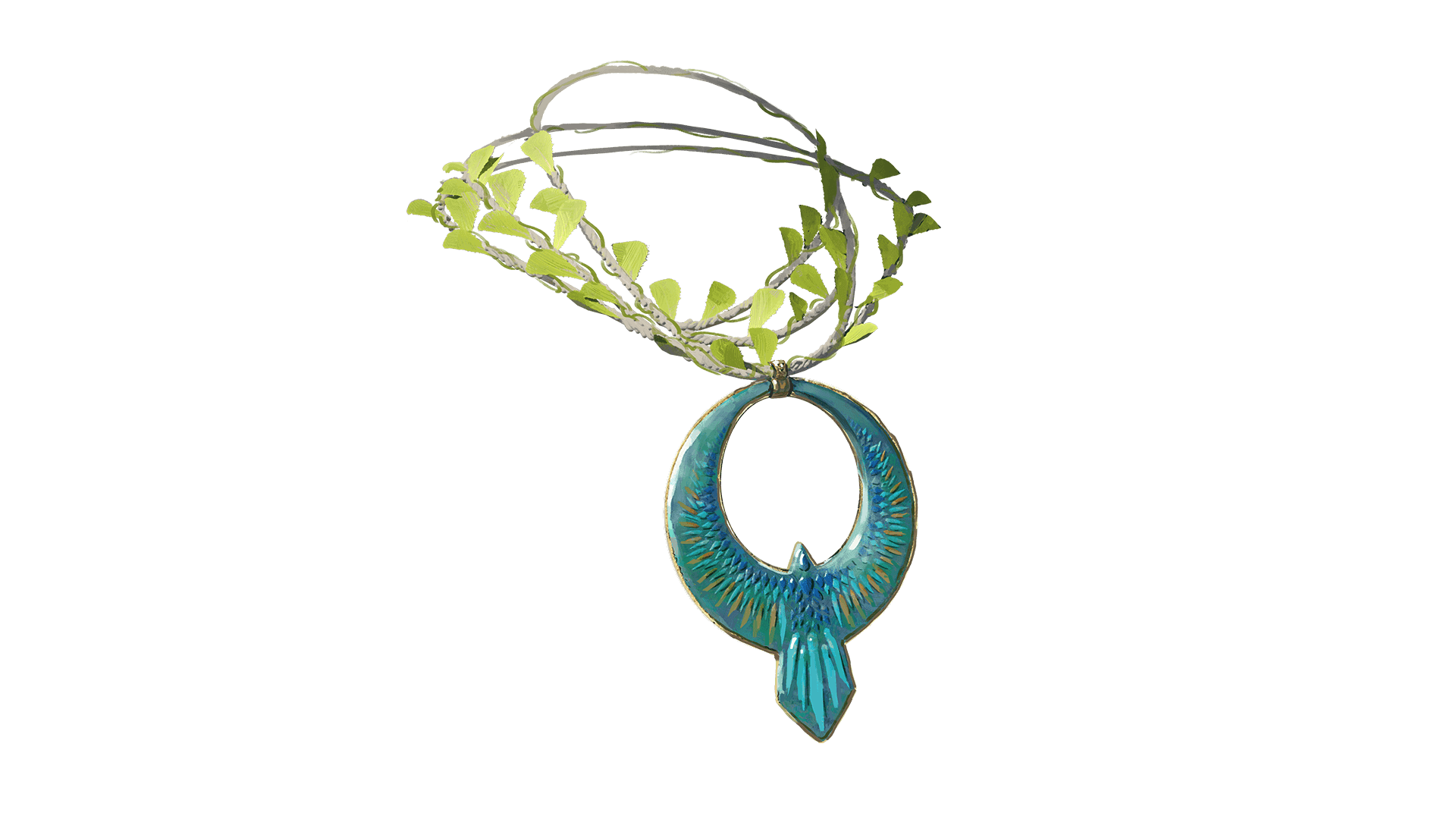 A necklace who's lace part is made of branches and the pendent is a beautiful blue bird whos wings come together to form a circle.