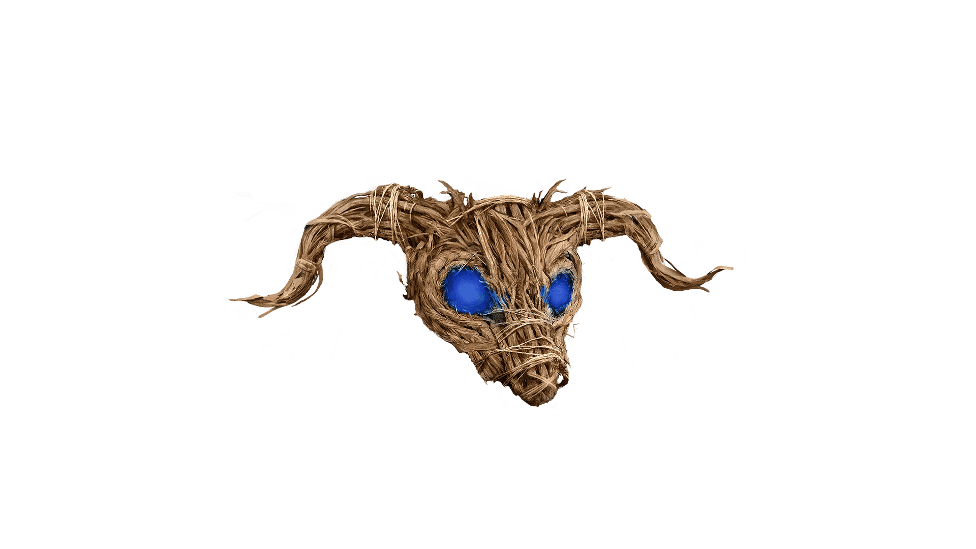 A sheep skull mask made of wicker with blue eyes sewn into it