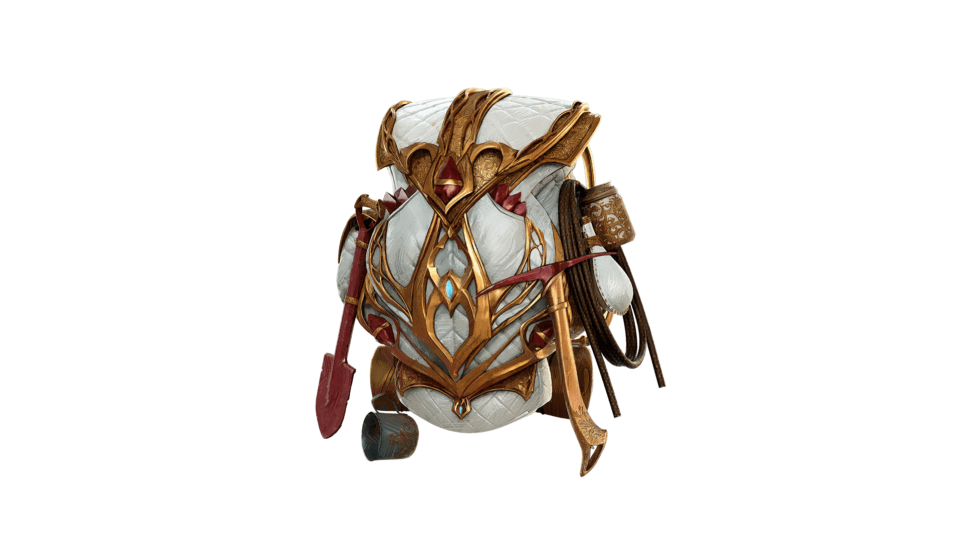 An elegant backpack made of white fabric with golden accents and red ruby embellishments 