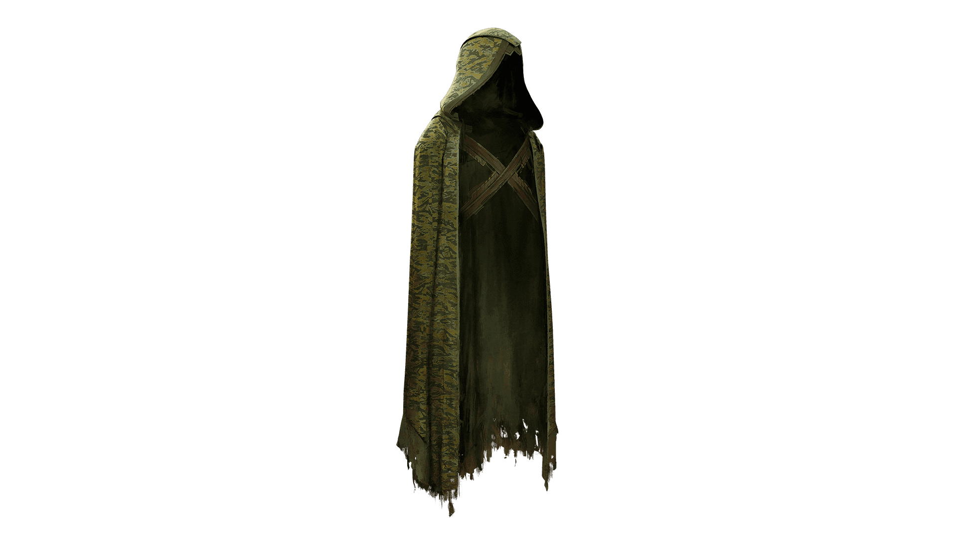 A camo colored cloak with torn bottoms floats in the air with now wearer inside