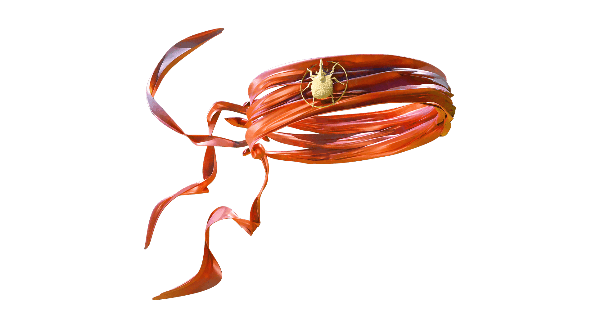 A red ribbon waist wrap with a golden scarab beetle brioche in the center i