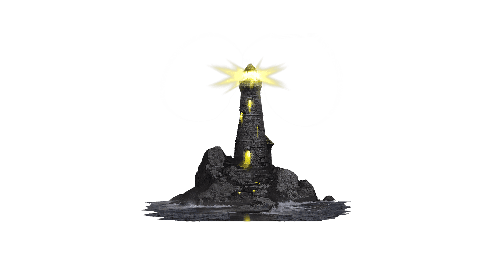 A stone lighthouse in shambles sits alone on an island with glowing yellow light escaping from the cracks.