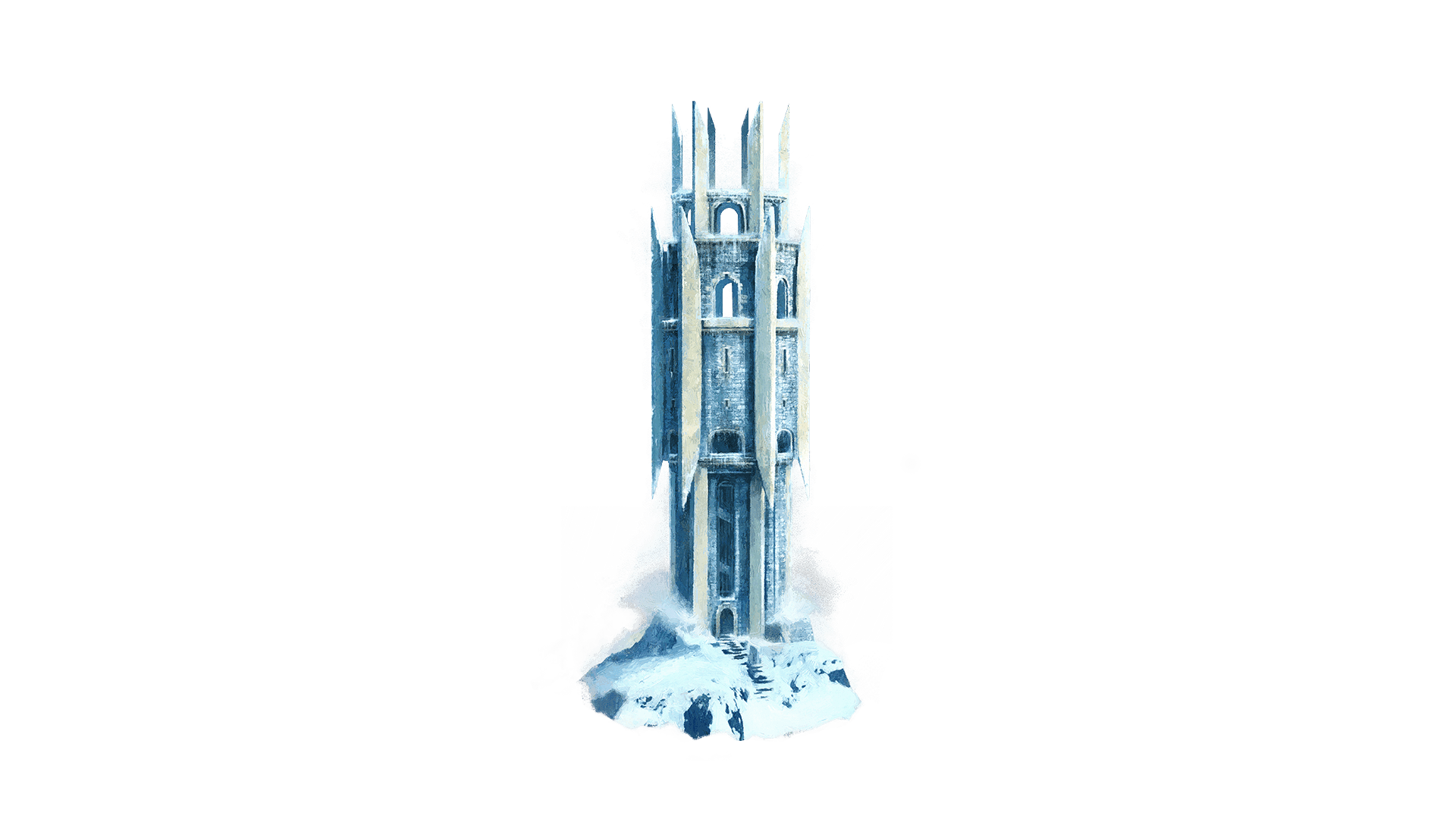A tower of blue stone stands looming in the center of a ice patch. This tower is decorated with pointed white stone columns and its base is shrouded in mist.