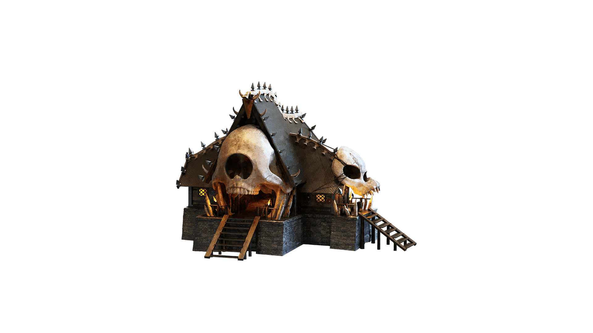 A stone house covers in spikes and skulls as the doorways
