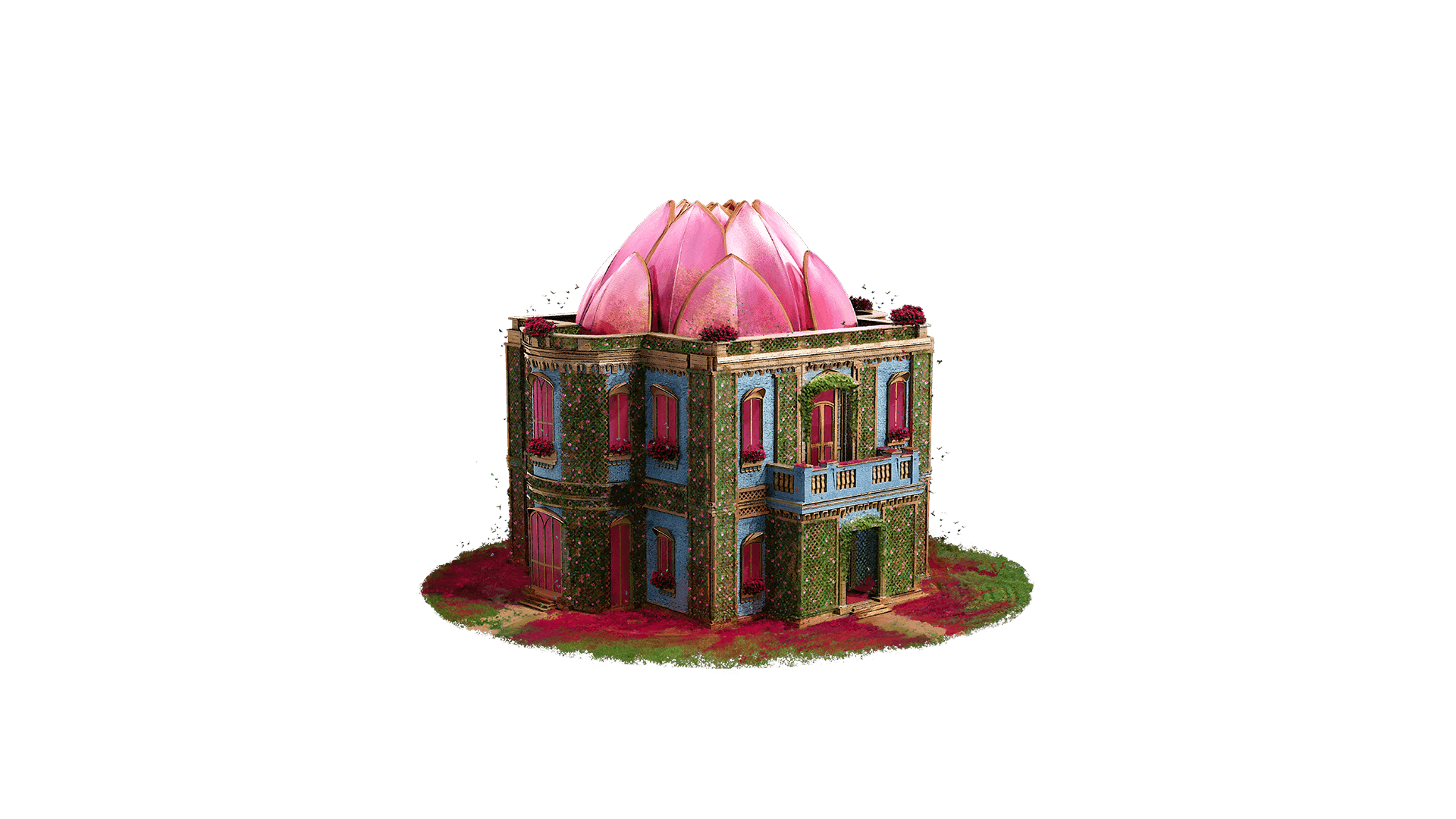 A robins blue freehold adorned with a rose flower on its roof and vines on the outside walls, representing a unique architectural and botanical fusion.