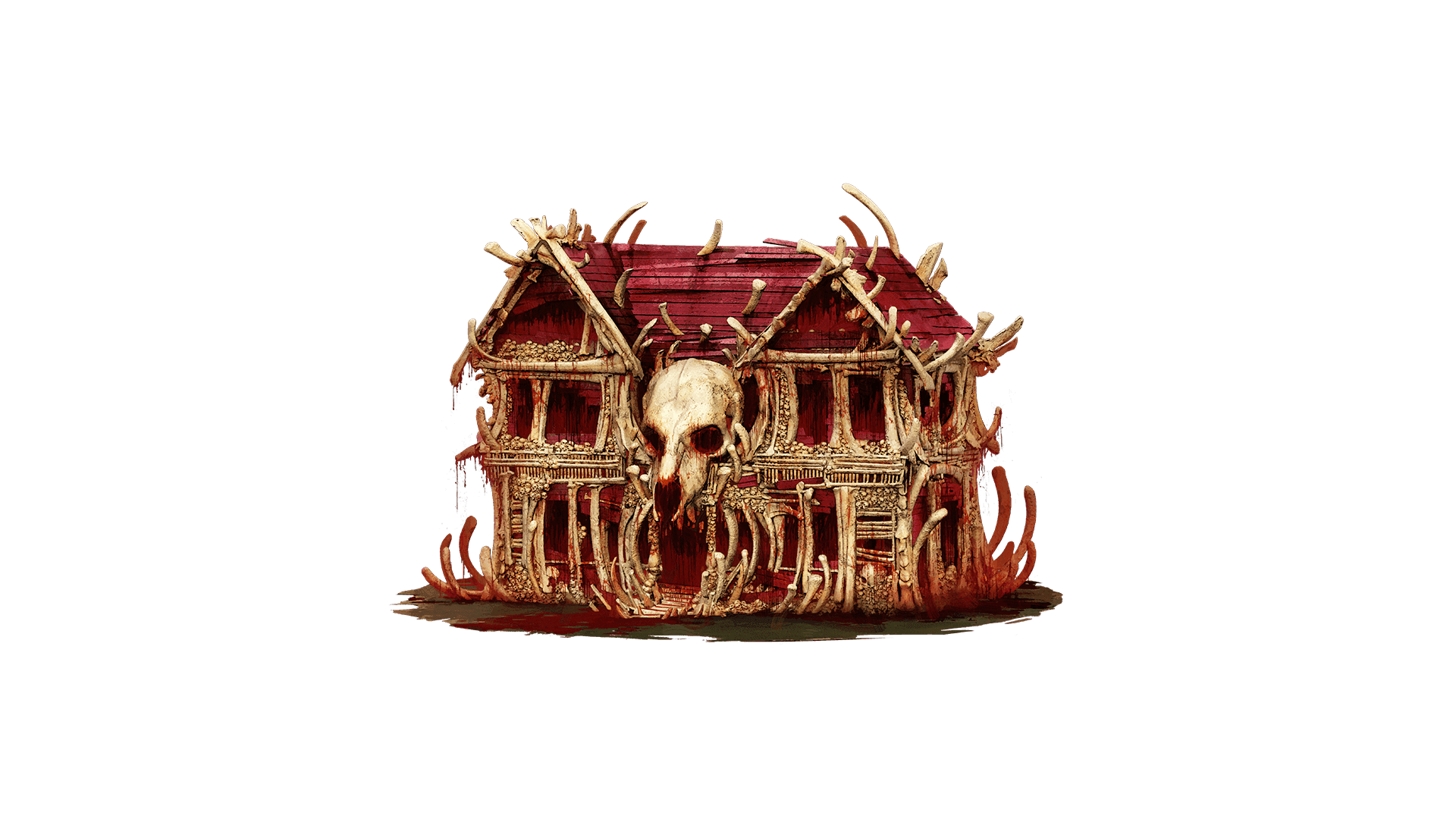 A two story dwelling made up of  giant bones and filled with red dripping blood