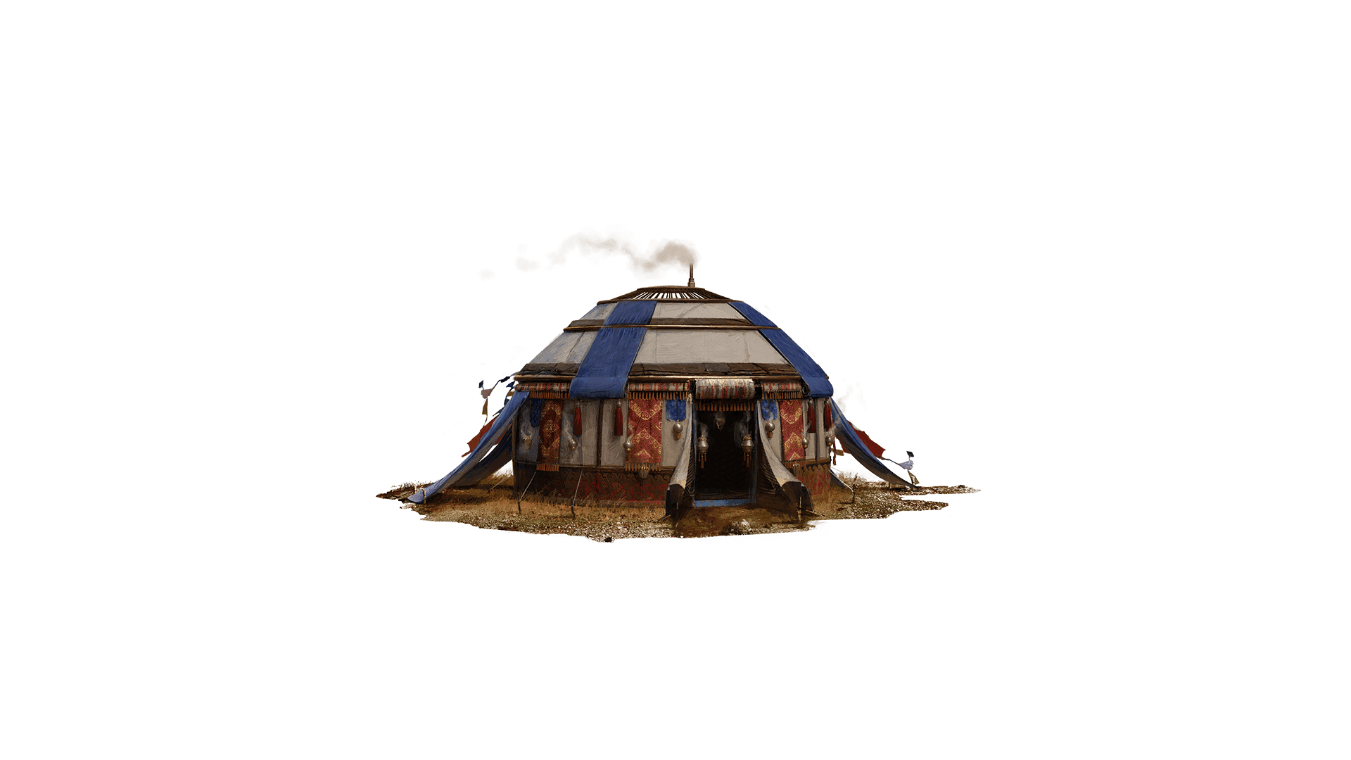 A yurt made of white canvas with red and blue fabric decoration sits in the middle of a grassy field. The doorway to the yurt is open and a plume of smoke wafts from the chimney on top.