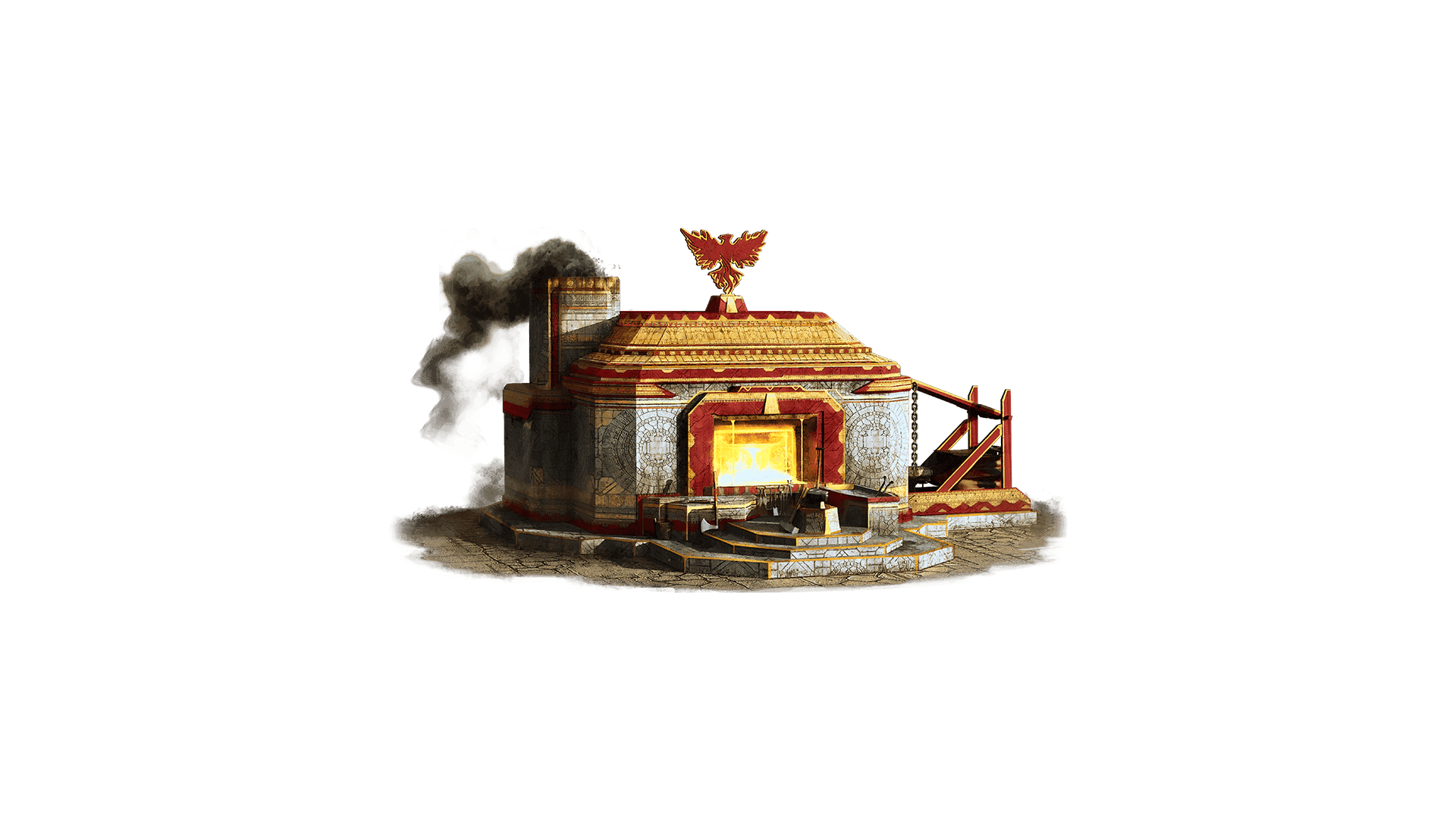 A standalone image of the Forge of Remembrance freehold business building cosmetic skin. This house is built of white, red, and yellow stones with a fire burning in the middle and smoke coming out of the chimney