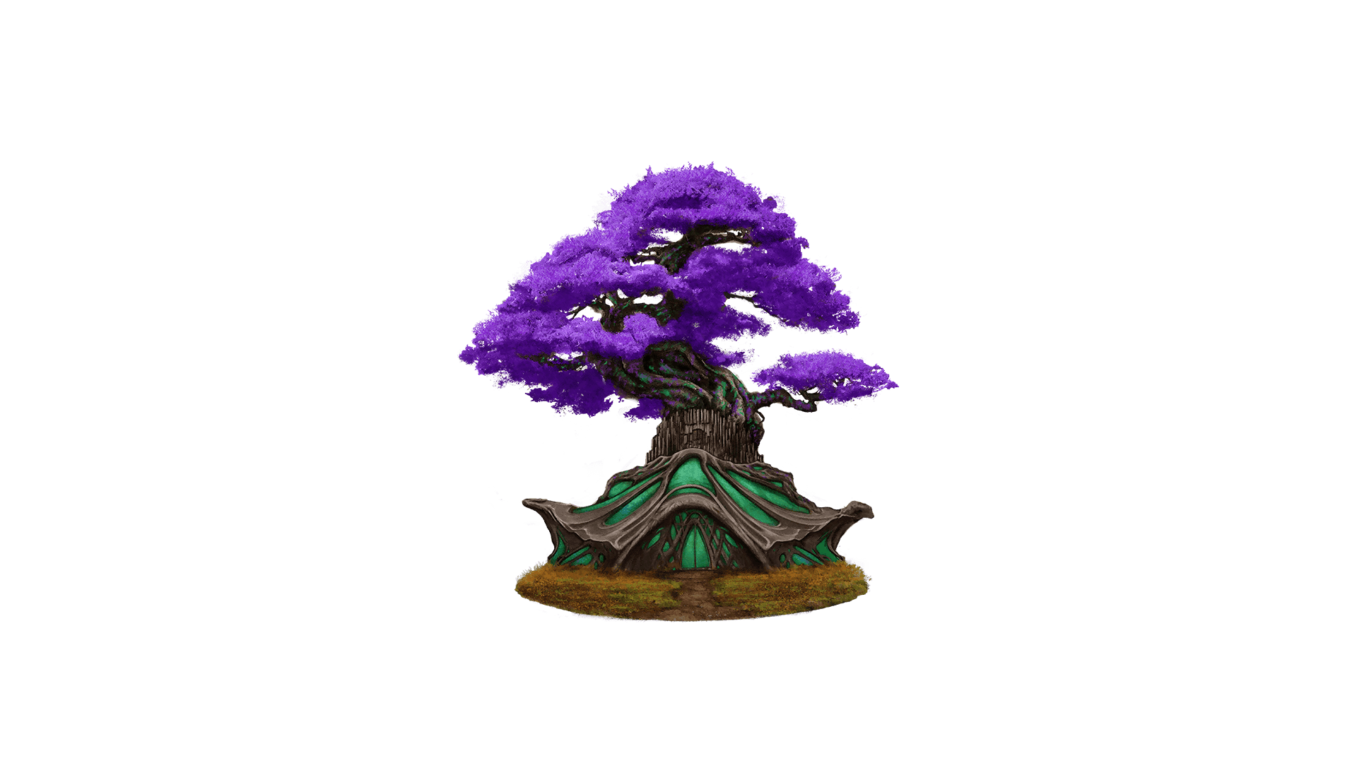 A giant green shell like structure made of tree roots sits below a giant tree with vibrant purple leaves