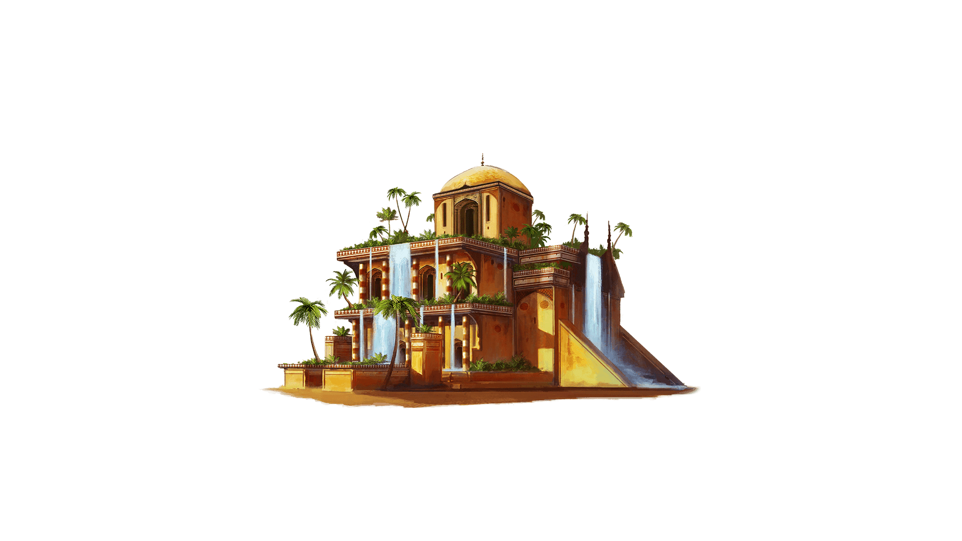 A stunning building surrounded by lush palm trees and cascading waterfalls, creating a tropical paradise atmosphere.