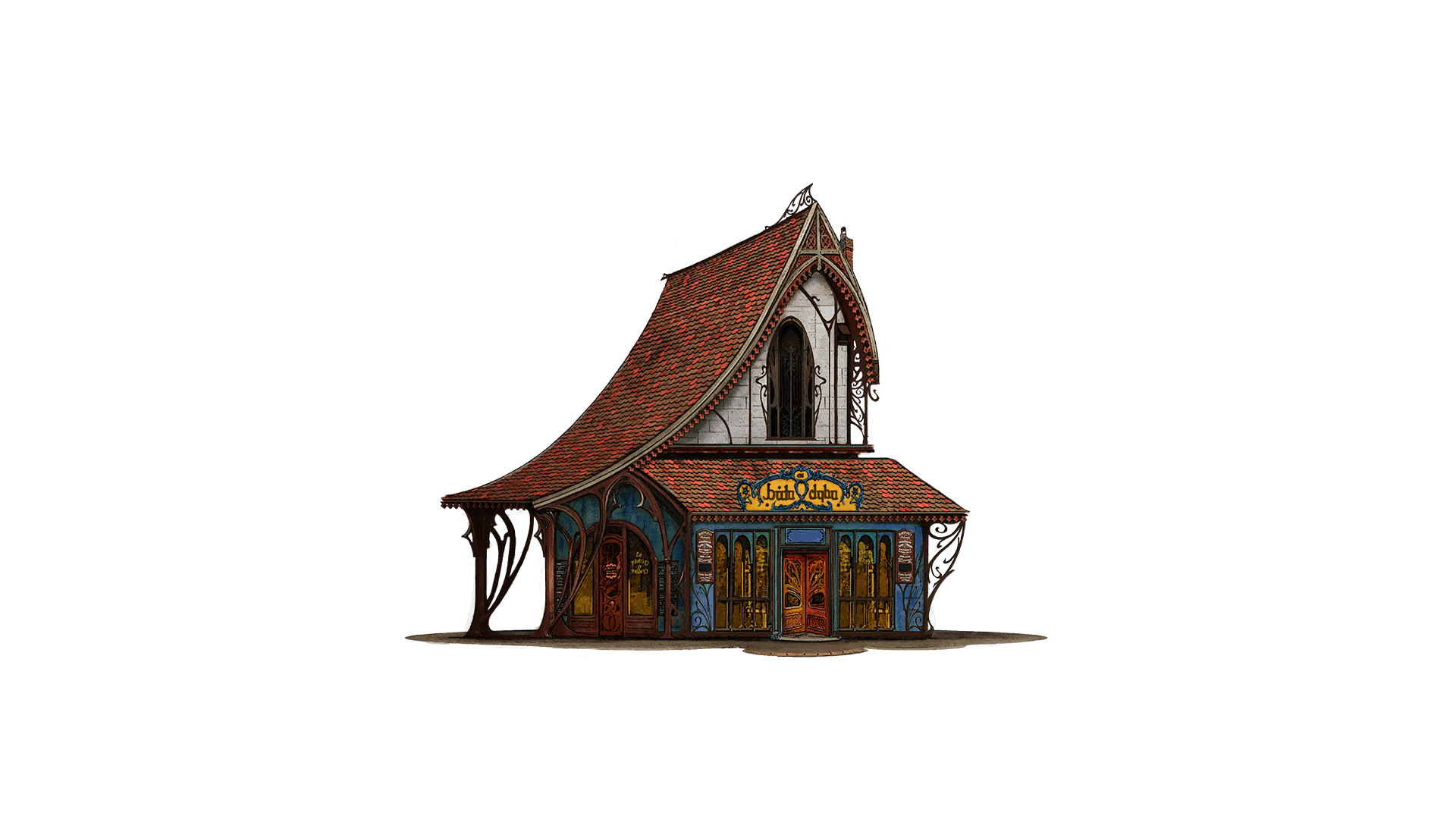 Two story cottage with a chateau feel and a large swooping red roof. The top floor is painted white and the bottom is a sky blue color.