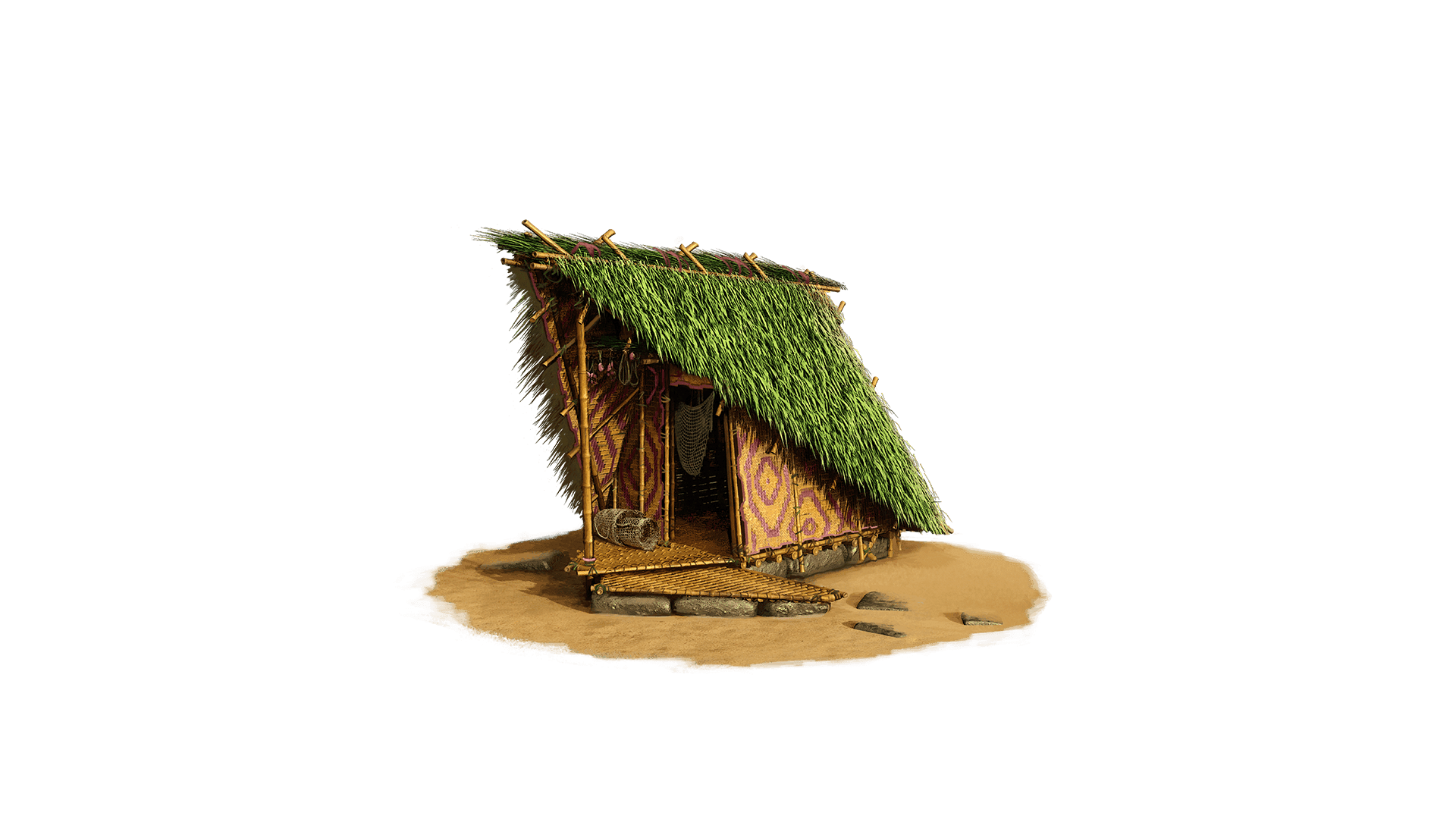 A small hut with a grassy roof, nestled in a natural setting, showcasing a blend of architecture and nature.