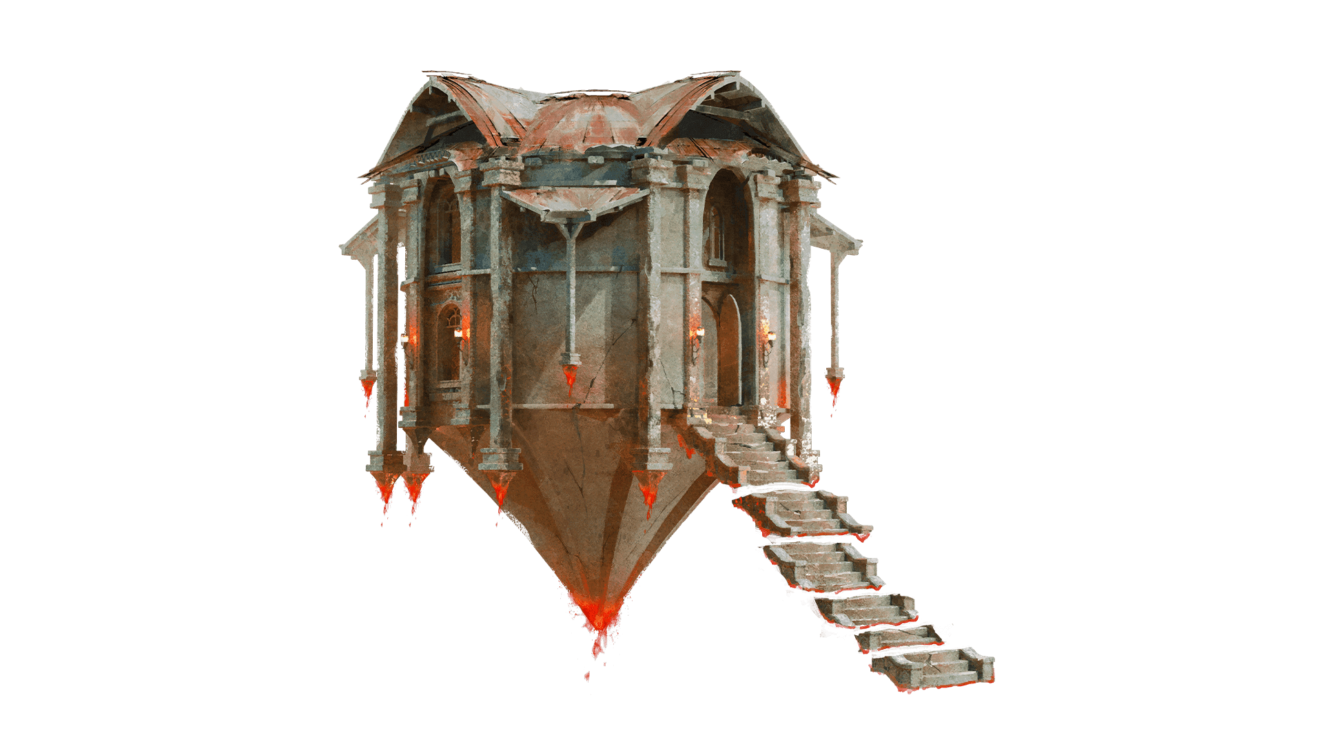 A giant stone building hovers in the air with flames coming out from the bottom of it. A broken stone staircase floats in front of the building, leading to its massive door archway.