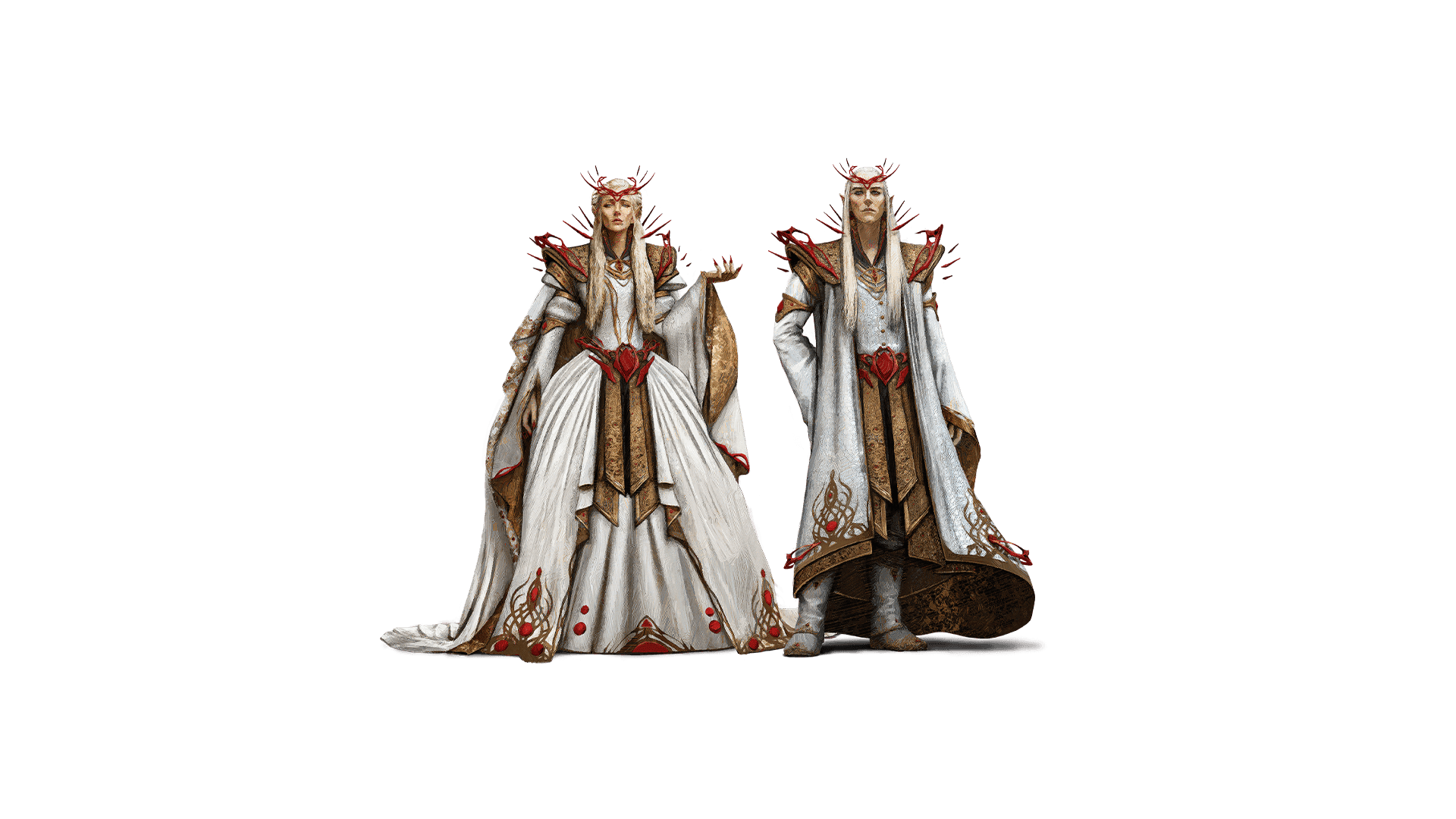 A male and female elf stand side by side with long white blonde hair. They are both dressed in elegant robes of white, gold and red with a red crown of spikes atop their heads