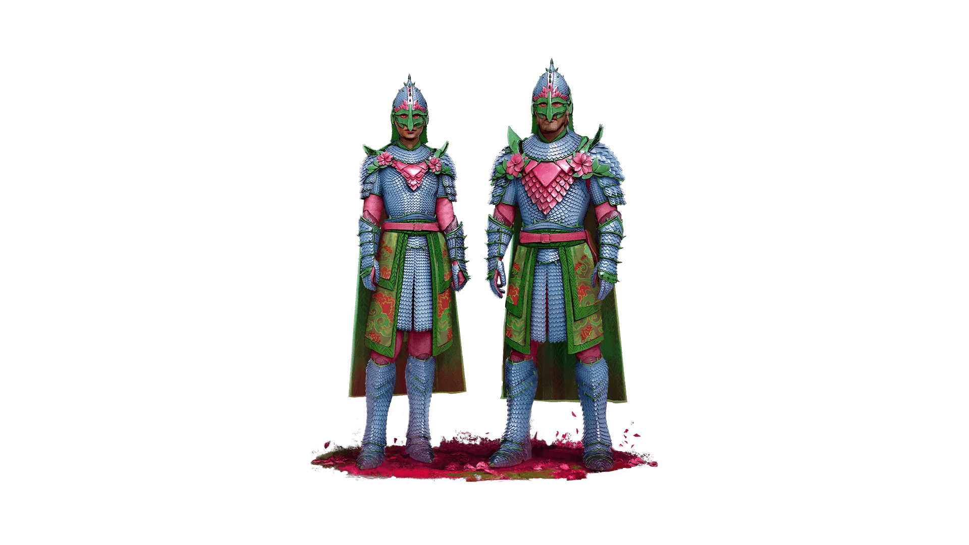 A male and a female in shinning Legionnaire Steelpetal armor stand together, with rose colored petals at the centerpiece of their armor and green leaf embellishments