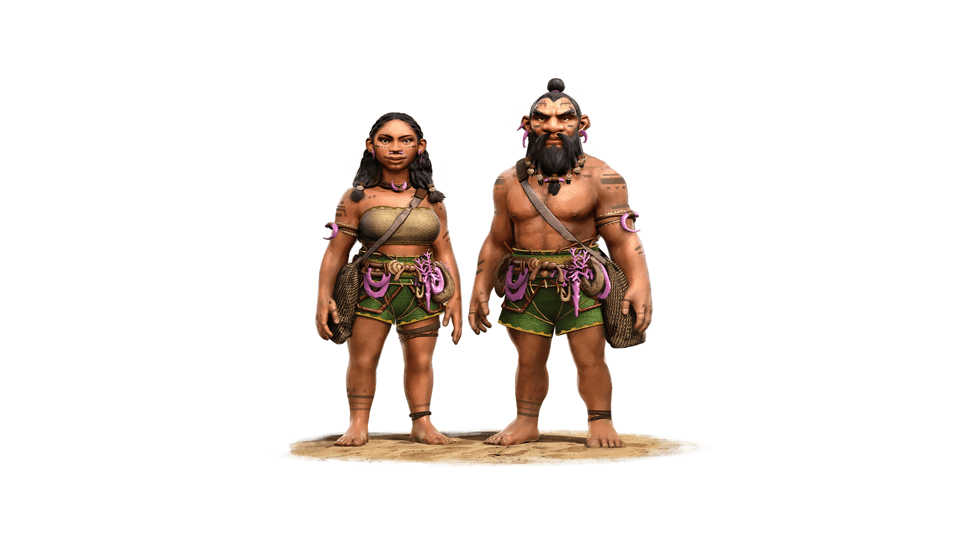 Two Nikua dwarves wearing shell-Gem Diver attire stand on sand. The character on the left is female with long hair and the character on the right is male with a beard and mustache.